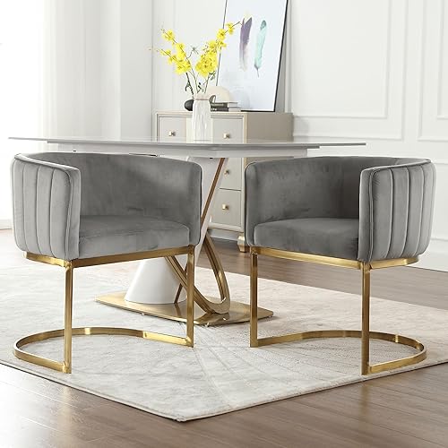 Miniatura 56 de Juego de 2 sillas de comedor modernas de terciopelo contemporáneas para cocina y comedor con brazos, sillas tapizadas de barril con marco de metal