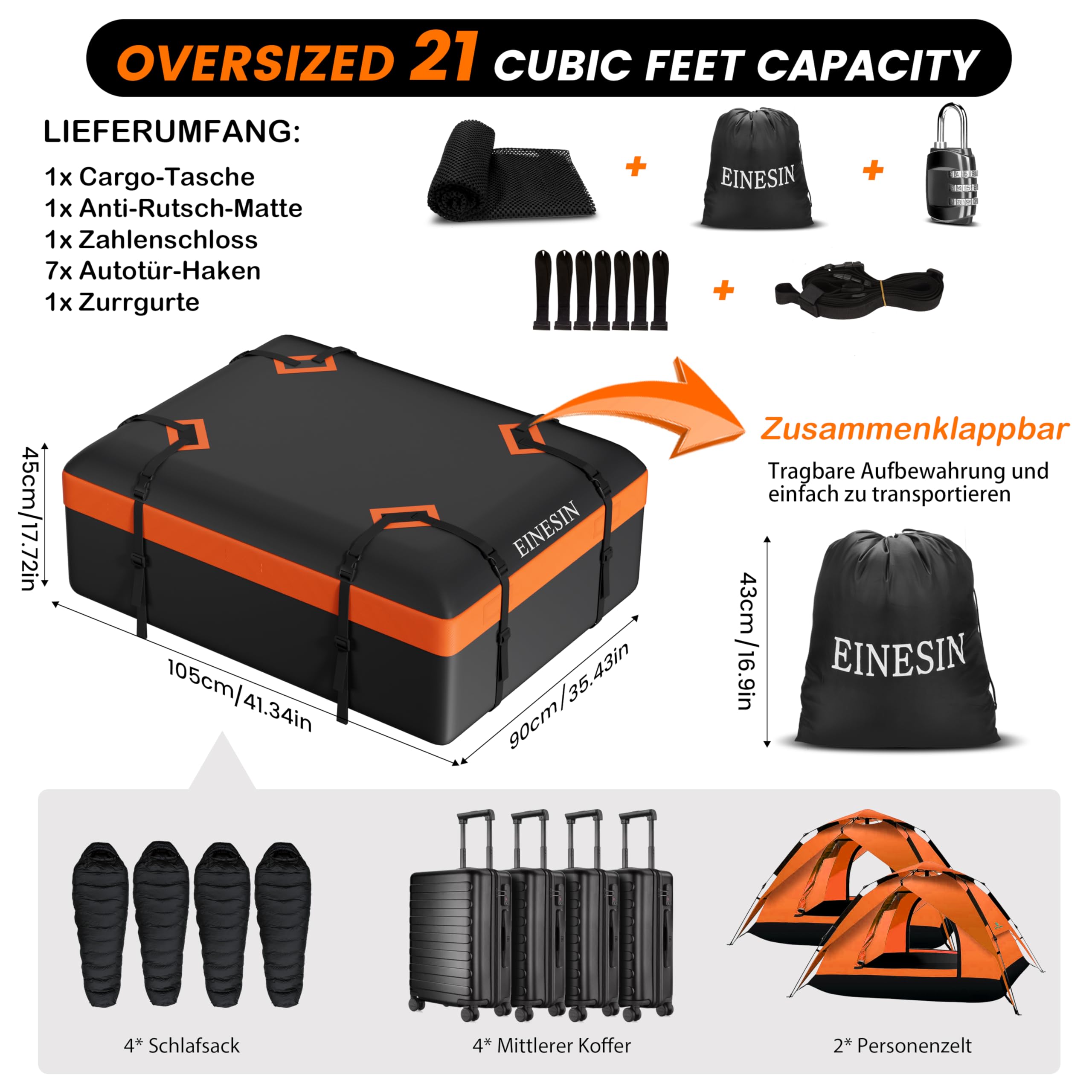 Einesin Dachbox Auto, Dachgepäckträger Tasche, Faltbare Dachkoffer, mit Anti-Rutsch-Matte und Gepäckschloss, für Fahrzeuge mit/ohne Gepäckträger Gepäcktransport, Vans, SUVs (112X86X43CM)