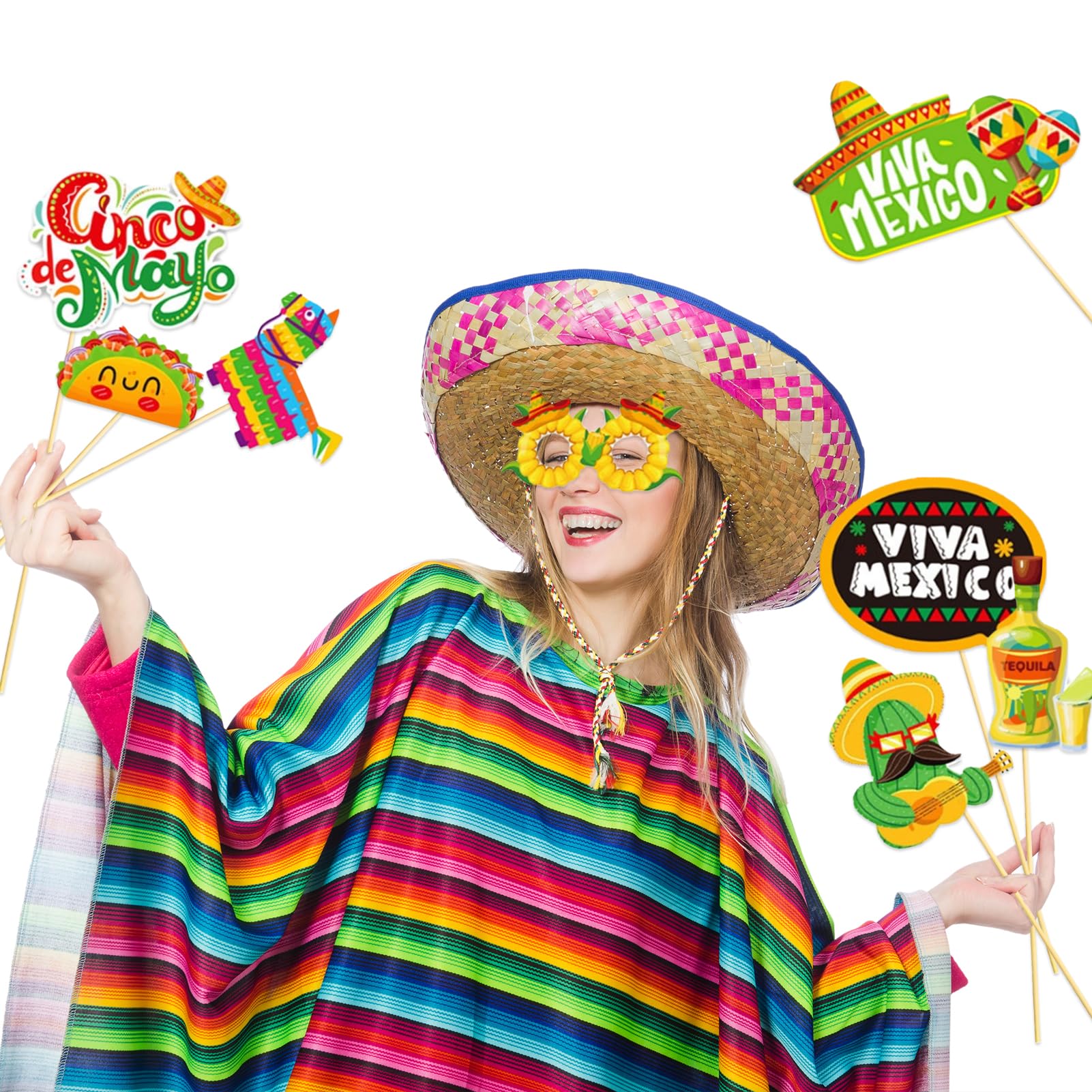 Accessoires Photo Thème Mexique - Lot De 25 Pièces - Pour Fête, Carnaval, Déco - À Monter Soi-même Avec Bâtons Inclus