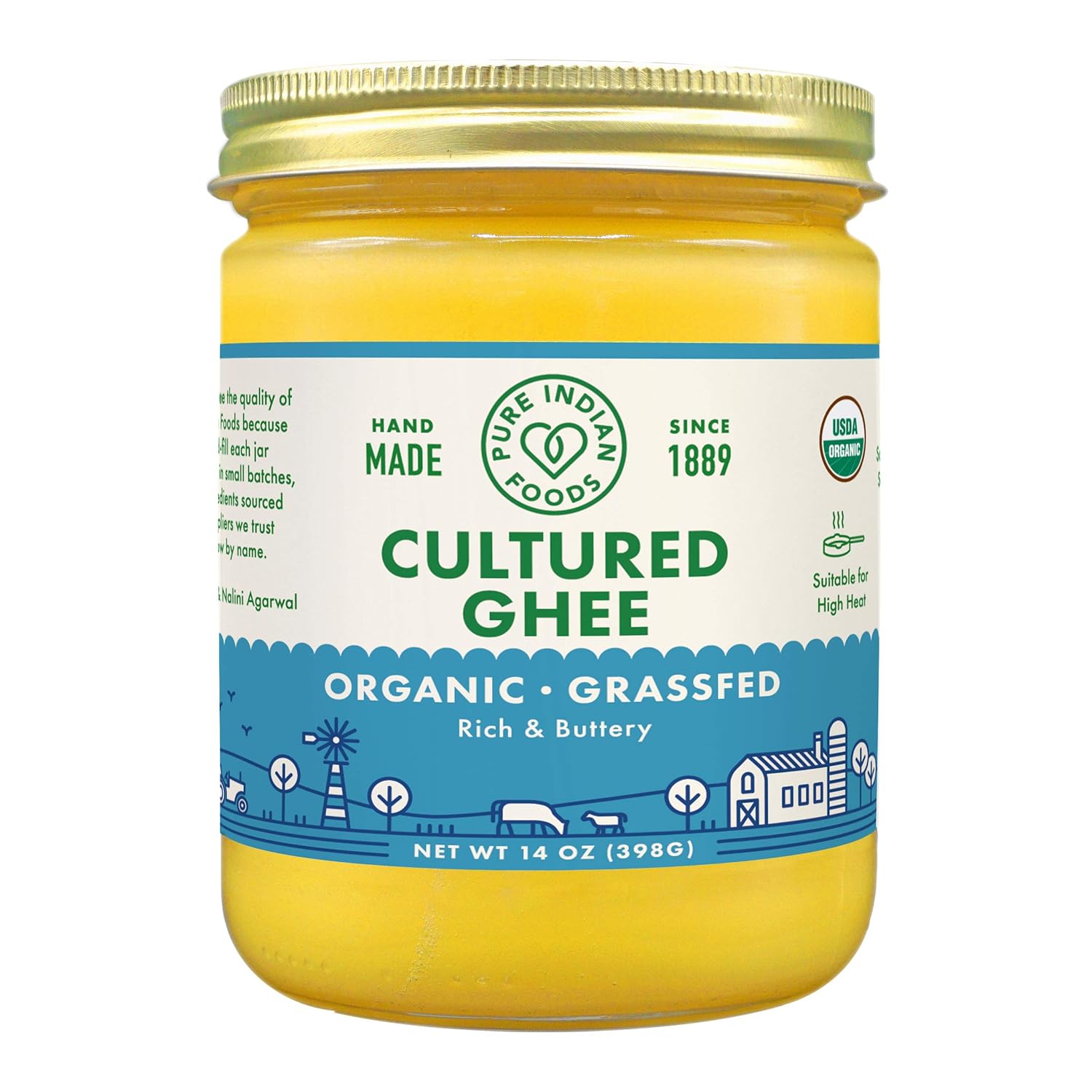 Grassfed Organic Cultured Ghee – by Pure Indian Foods,14 oz, Pasture Raised, Lactose Free, Gluten-Free, Non-GMO, Paleo, Keto-Friendly, Batch Tested for Casein and Whey