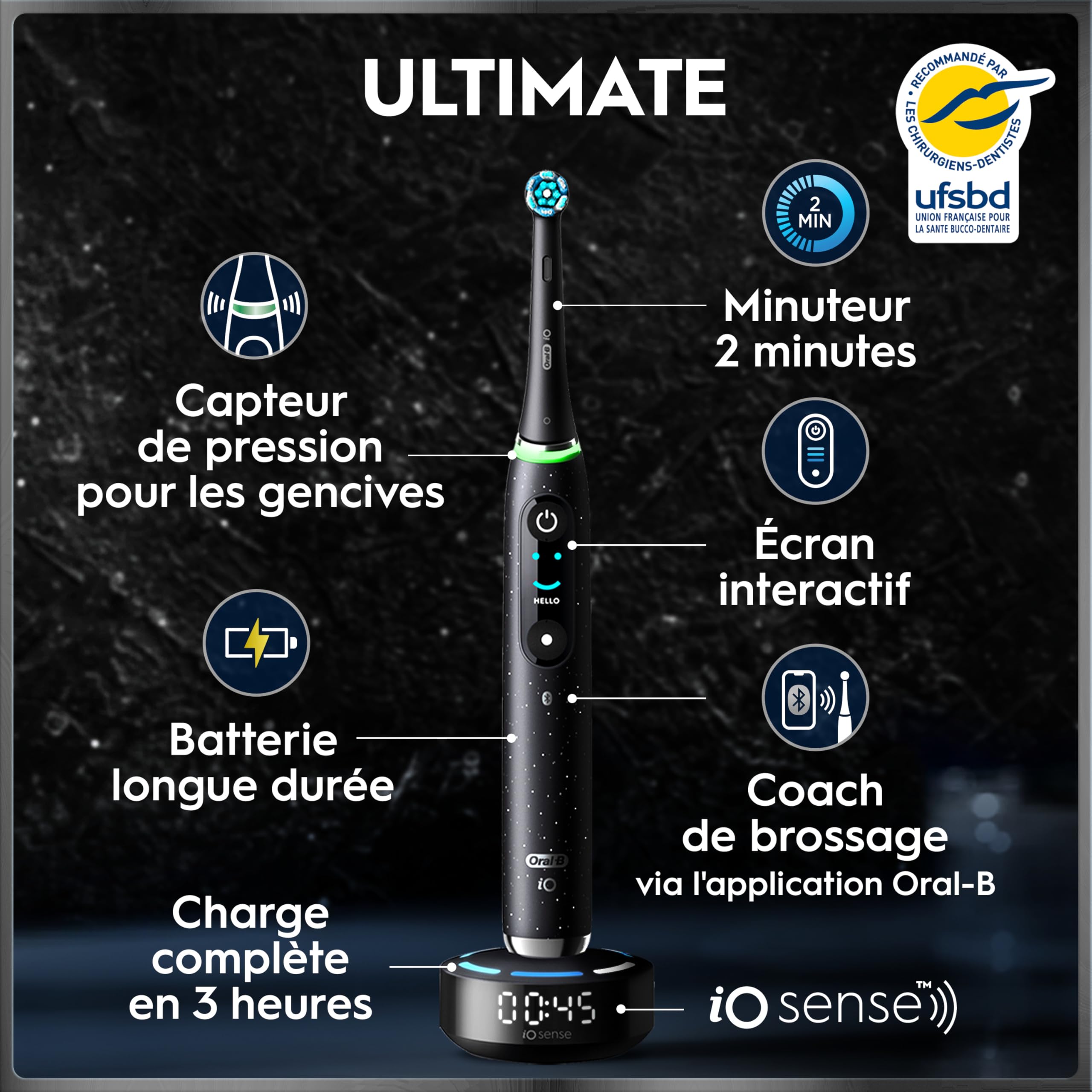 Oral-B Brosse à Dents Electrique iO 10 avec Brossette de Rechange, Noire – 7 Modes dont Blancheur et Soin des Gencives, Capteur de Pression, Batterie Rechargeable, Coach de Brossage, Etui