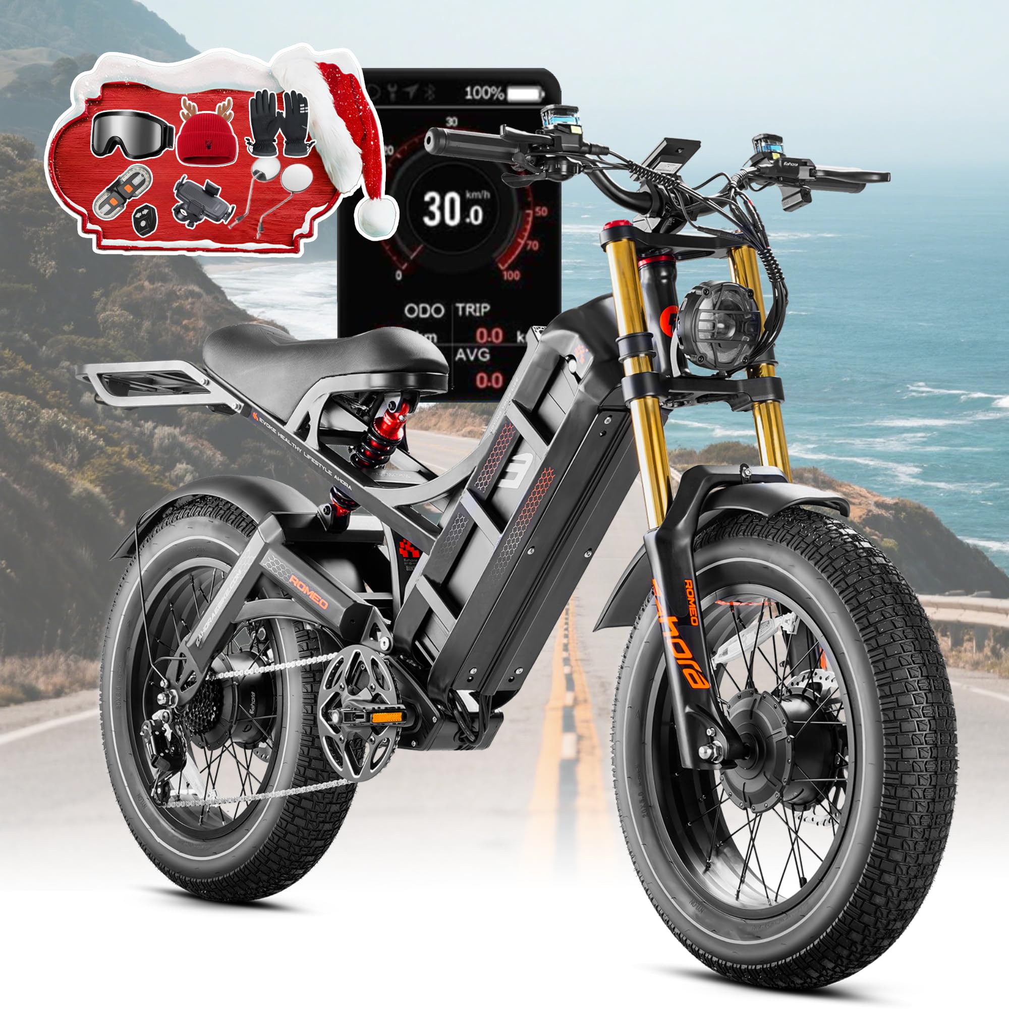 eAhora Romeo Pro 3/2 [2025] 46-50 Mph Electric Bike for Adults, Peak 5600W Dual Motor Ebike, 60V/52V 80Ah/70Ah 250 Miles Long Range E Bike, 26”*4.0 Fat Tire Air Full Suspension Off-Road E-Bike