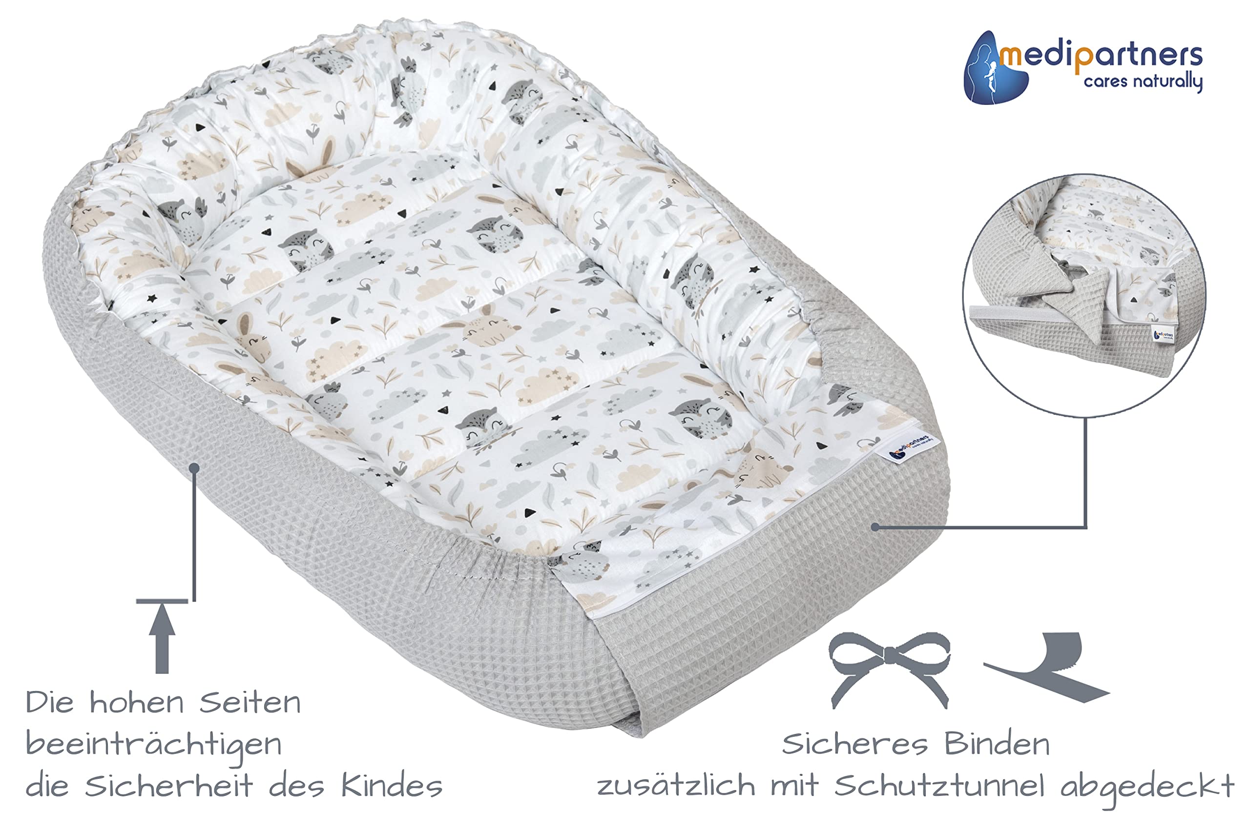 Medi Partners Babynest Nestchen für Neugeborene - 100x60x15 Babynestchen Baby zweiseitg Nest Bett 100% Baumwolle Waffel Kuschelnest tragbar (Lichtung mit Grauer Waffel) 1. Lichtung mit Grauer Waffel Single