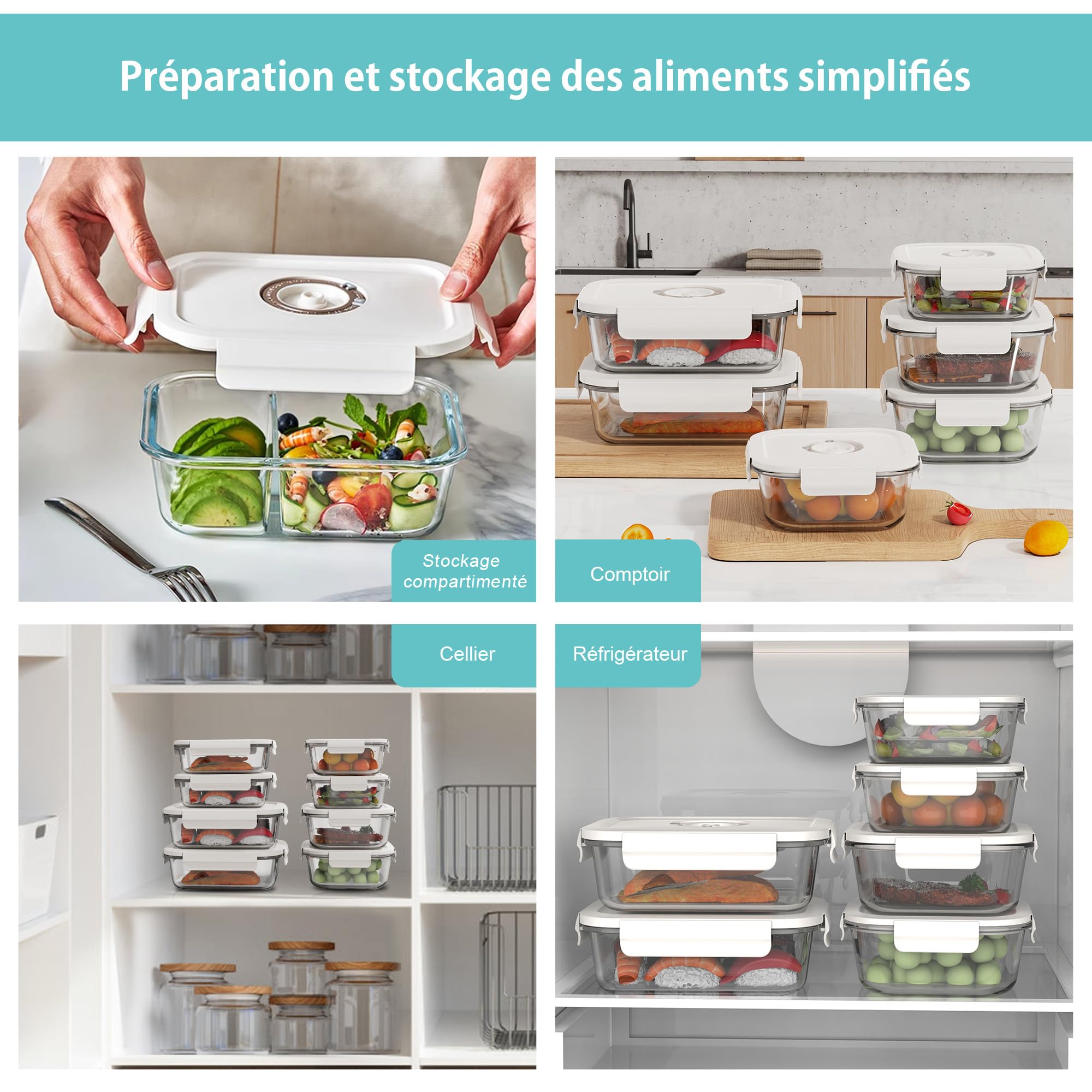 Set di 4 Contenitori Alimentari Ermetici in Vetro con Pompa a Vuoto - Indicatore di Data Integrato - Senza BPA, Anti-Odore - Per Forno, Microonde, Lavastoviglie e Congelatore (L)