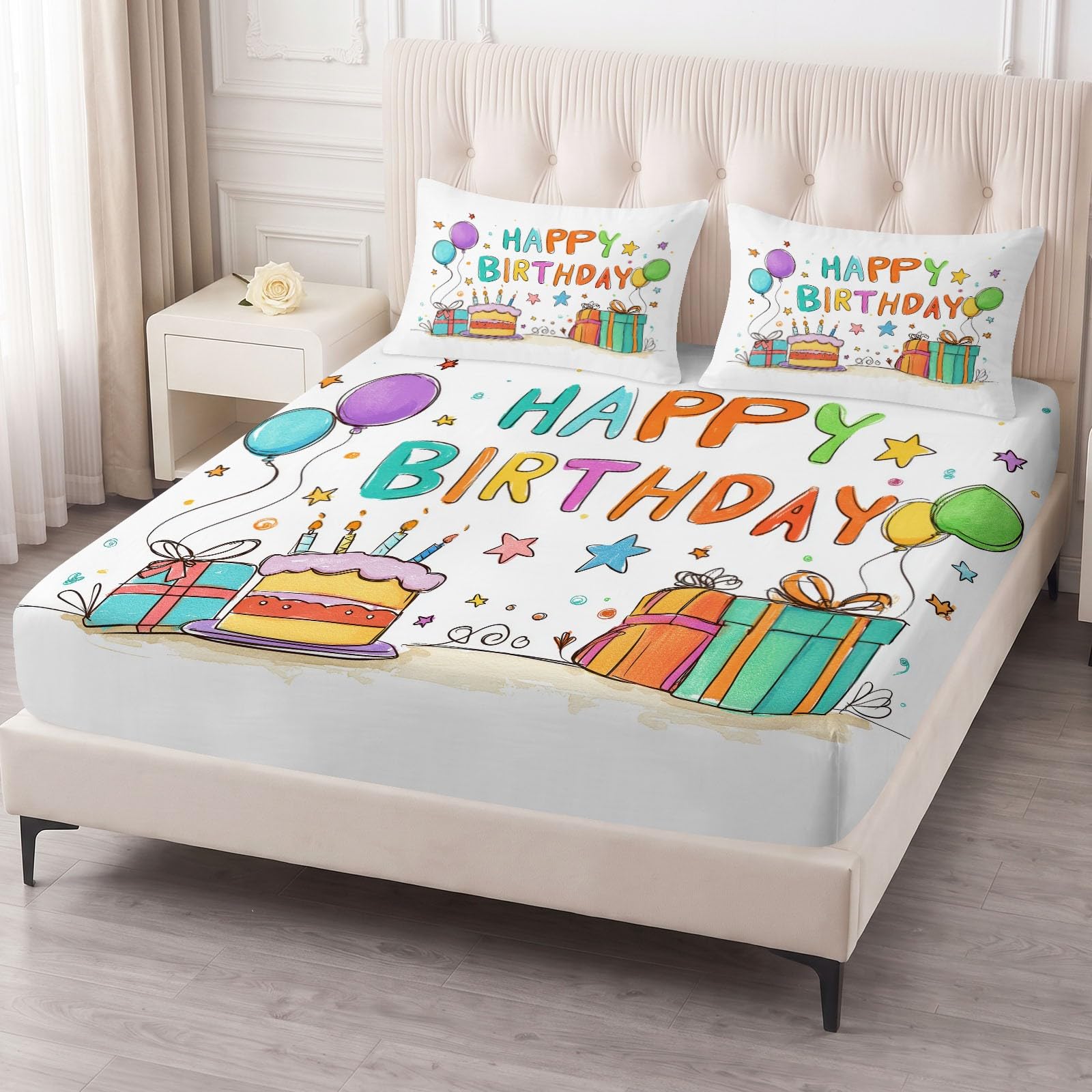 Prześcieradło z gumką 180 x 200 cm, motyw kreskówkowy, dekoracja sypialni, zestaw pościeli - tort urodzinowy, balony w gwiazdy, pudełko na prezent, miękkie, przyjazne dla skóry, z 2 poszewkami na