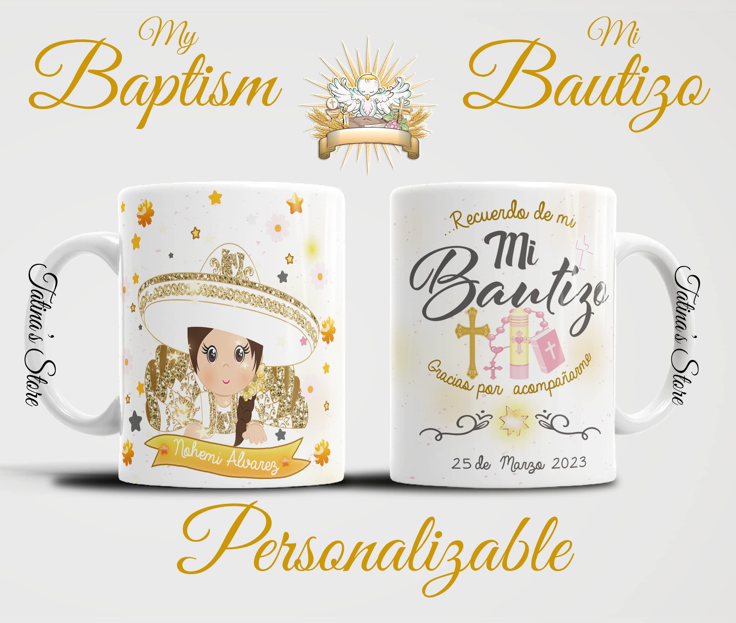 Recuerdos para Bautizo de niña, 12 Hermosas Tazas de Ceramica personalizadas de 11 oz que incluyen tarjeta de agradecimiento y moño de satin en color blanco