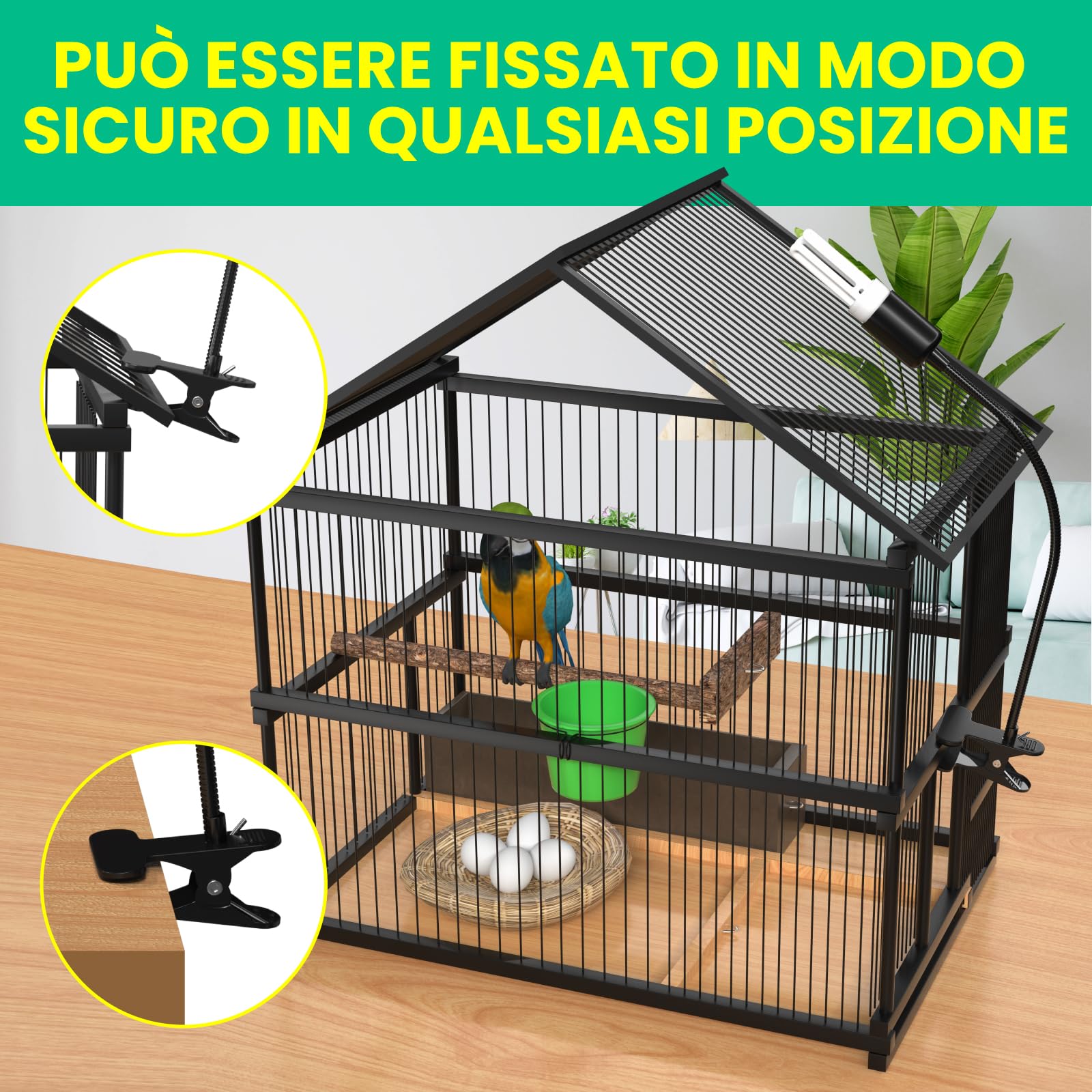 GlowUp Lampada per Uccelli Set Completo con Timer, Lampada a Morsetto con Lampadina UVB 2.4 E27 20W per Uccelli