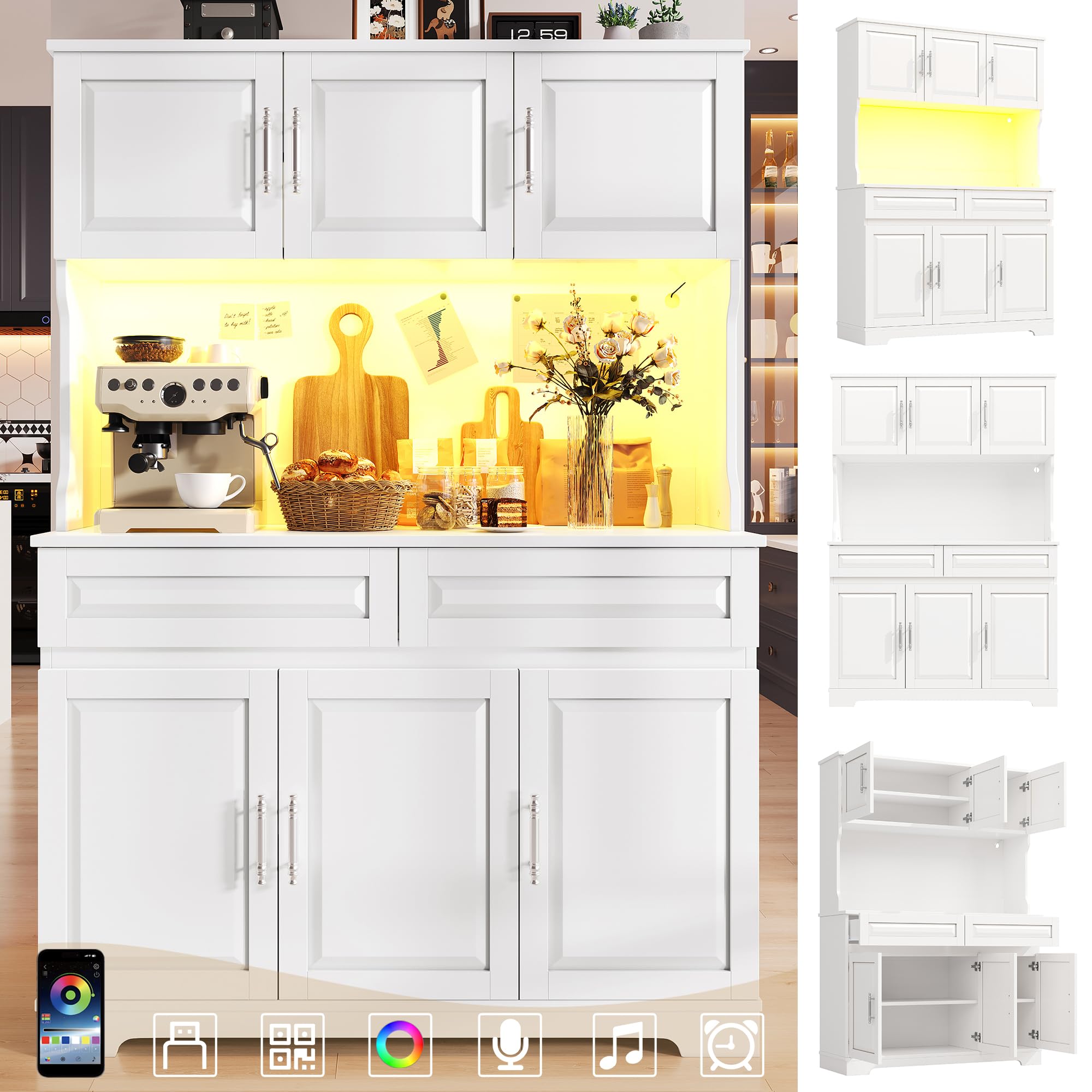 Kebnor Armadi da cucina (108 x 40 x 180 cm), mobile alto con controllo tramite app, ripiani regolabili con piano di lavoro, per cucina, sala da pranzo, credenze con illuminazione a LED (bianco)