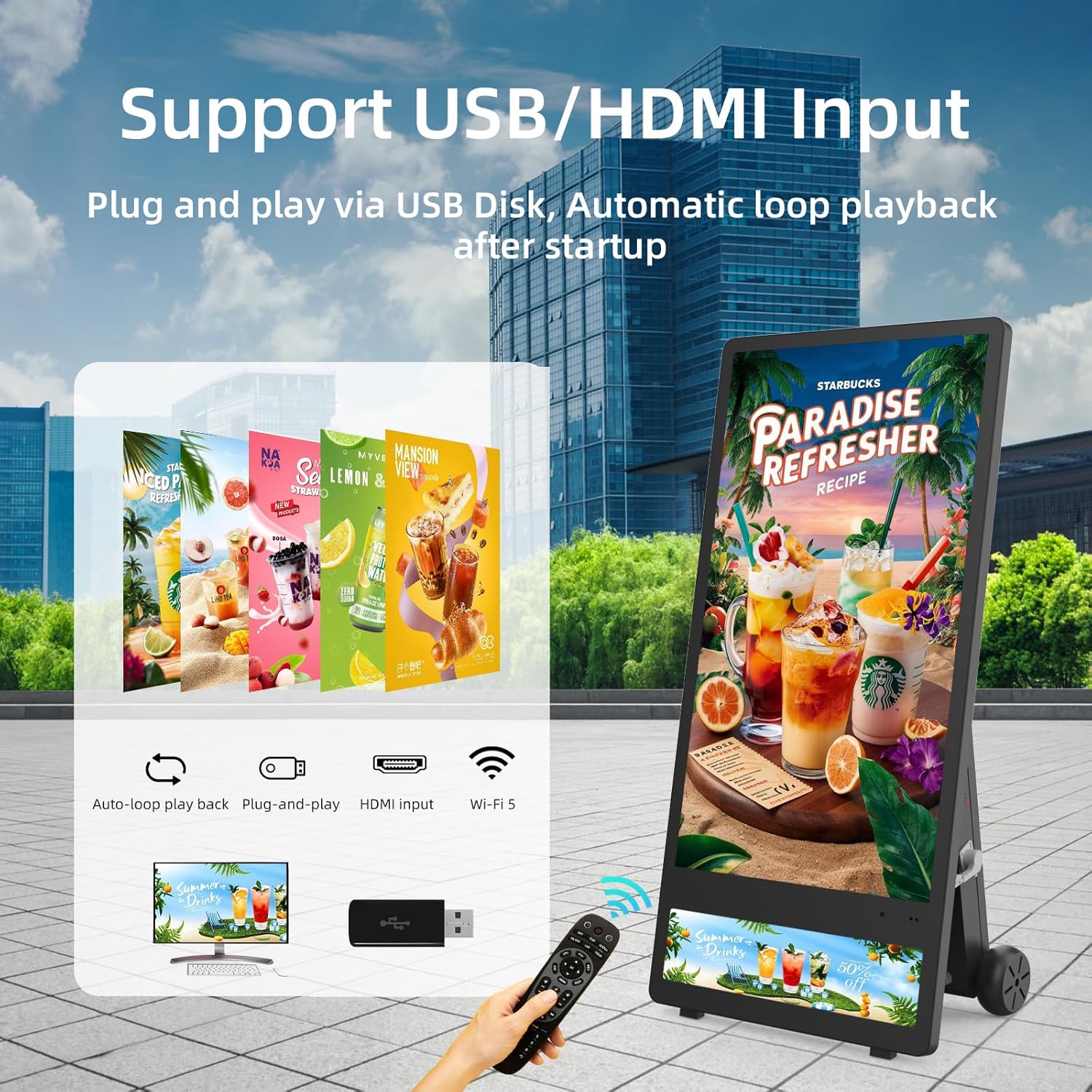 MWE 43 Inch Outdoor Digital Signage Display, Customizable Lightbox Sticker, Portable Battery Powered High Brightness Screen Advertising Display Kiosk, Movable Waterproof Standing Poster, Android OS