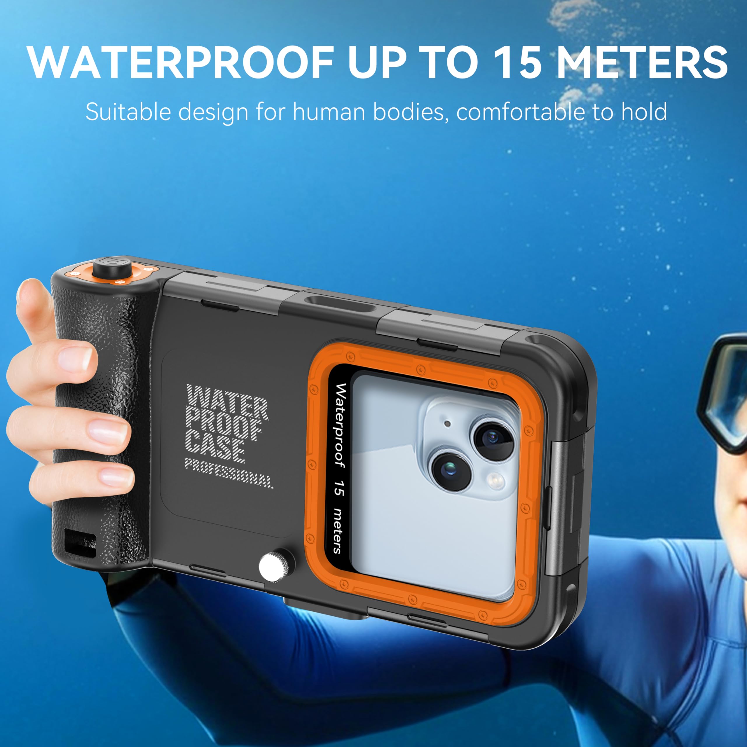 iPhone 16 15 14 13 12 11 Pro Max XR XS X Unterwasser-Tauchgehäuse wasserdicht 15m 50ft Schnorcheln Surfen Fotos Videos Schwarz Orange