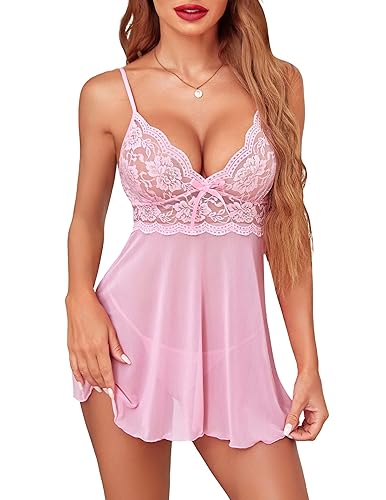 Avidlove Women Lingerie Lace Babydoll Strap Chemise Halter Teddy V Neck Sleepwear - Small - Pink
