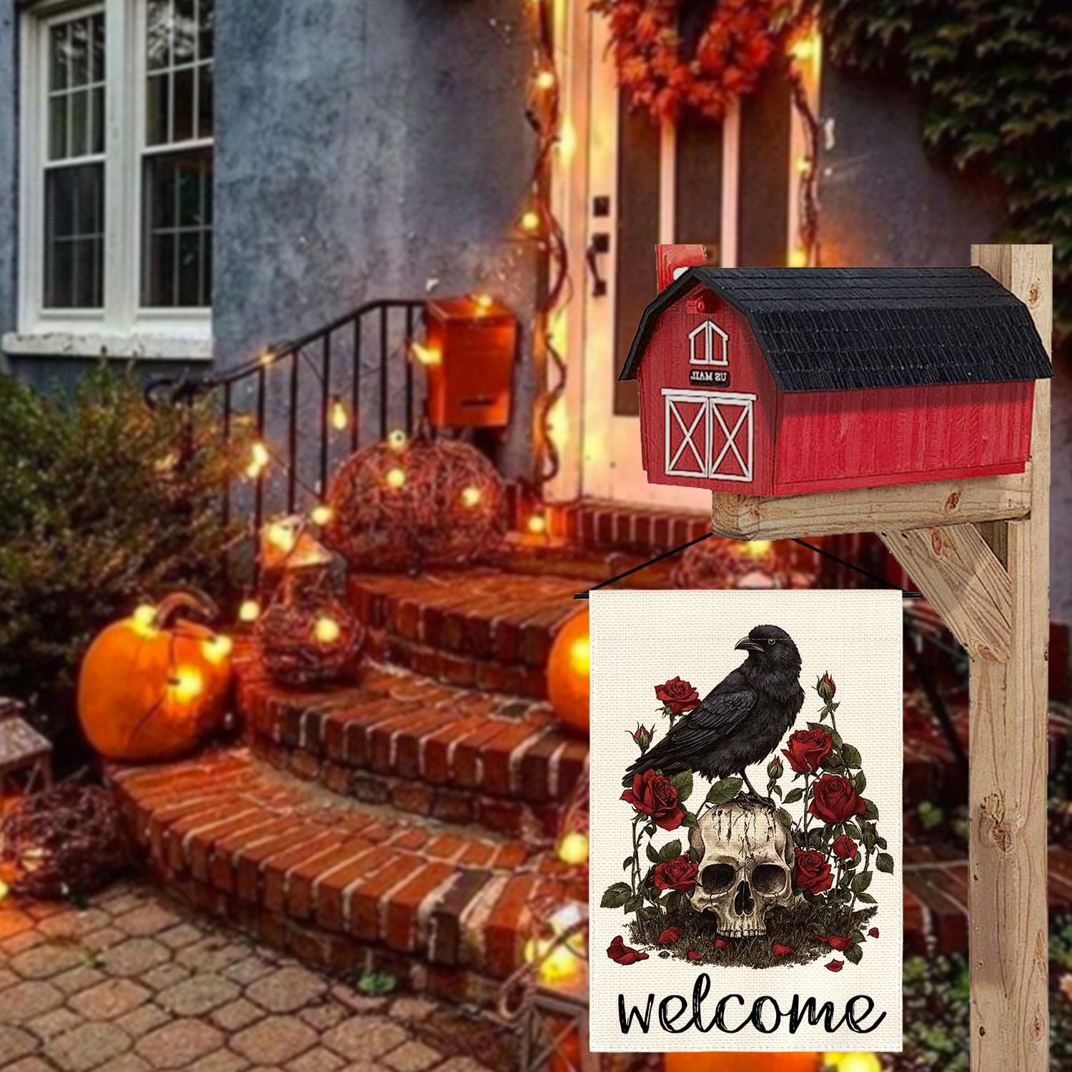 AVOIN colorlife Halloween powitalna czaszka róża wrona flaga ogrodowa dwustronna, Dzień Zmarłych świąteczny dziedziniec zewnętrzna dekoracyjna flaga 30 x 45 cm