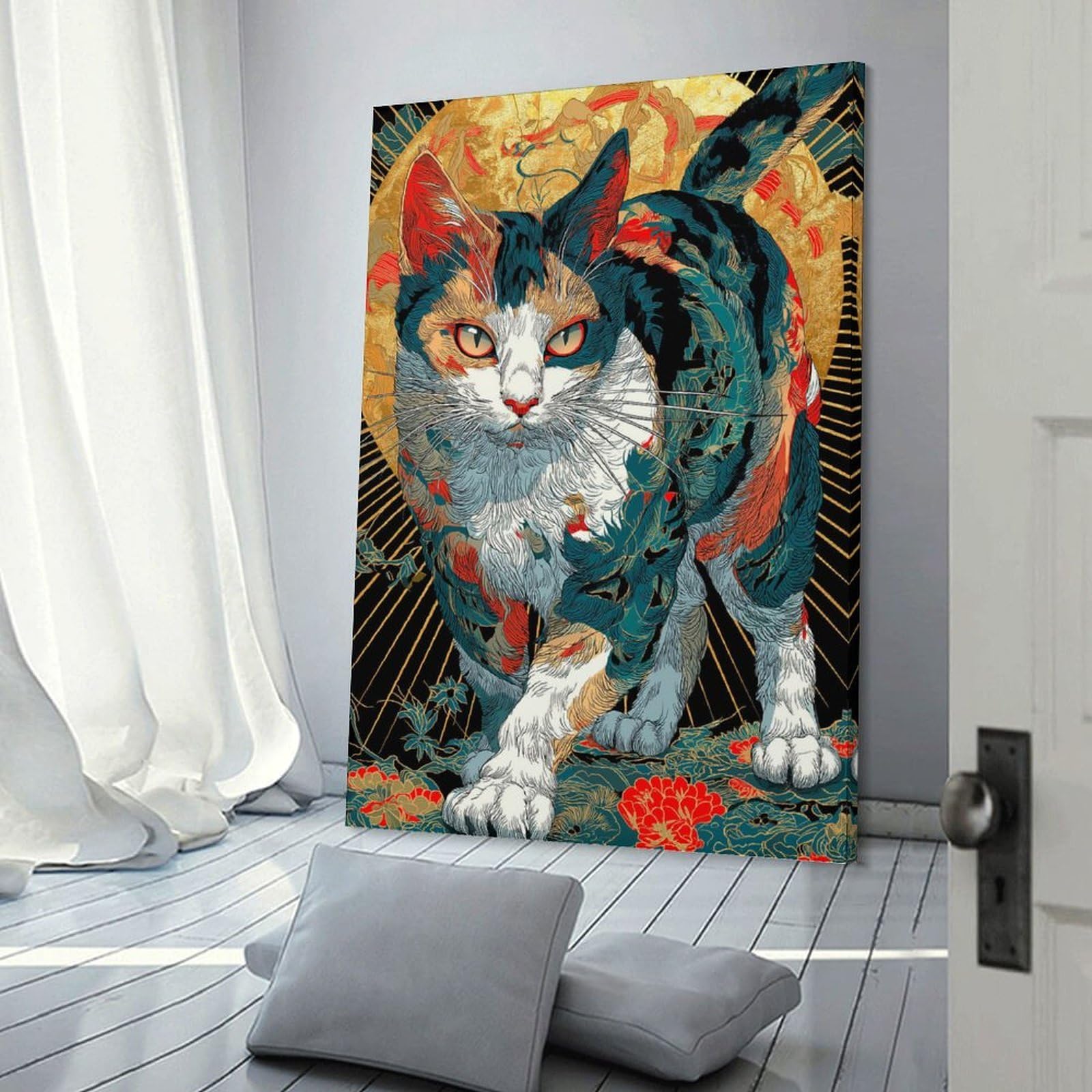 Junmoney Ornate Cat Illustration Wall Picture Print 20x30inch(50x75cm), for Corridors, Hallways Or Apartment Entries, Decorative Canvas Styling for Entry Areas
