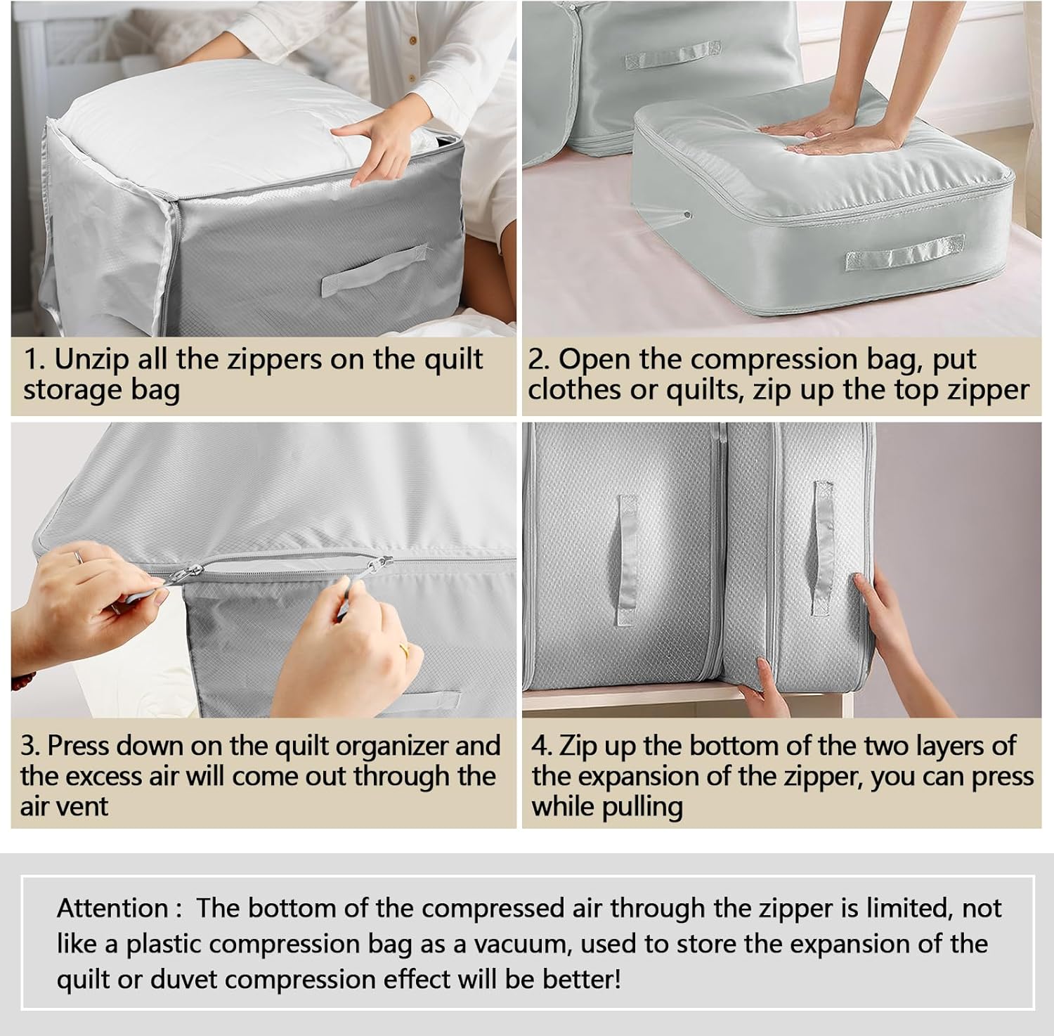 省スペースアップグレード掛け布団収納バッグ ハンドル付き 4個パック 3つのサイズ (142L、107L、71L) で調節可能 3層