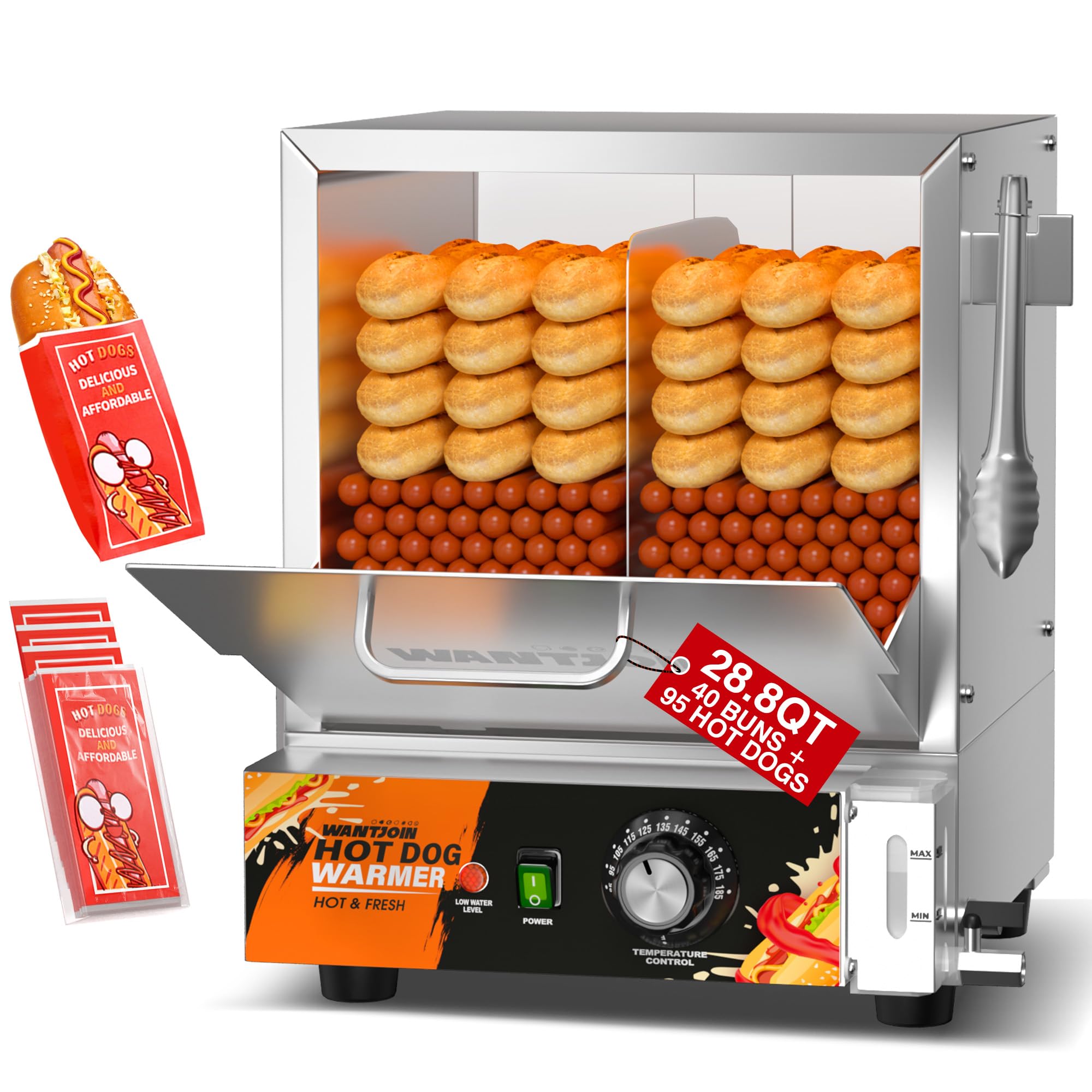Photo 1 of WantJoin Hot Dog Steamer Machine - 28.8QT Commercial Electric Hotdog Machine with Bun Warmer Tempered Glass Stainless Steel Steamer Machine for 95-105 Sausages and 30-40 Buns