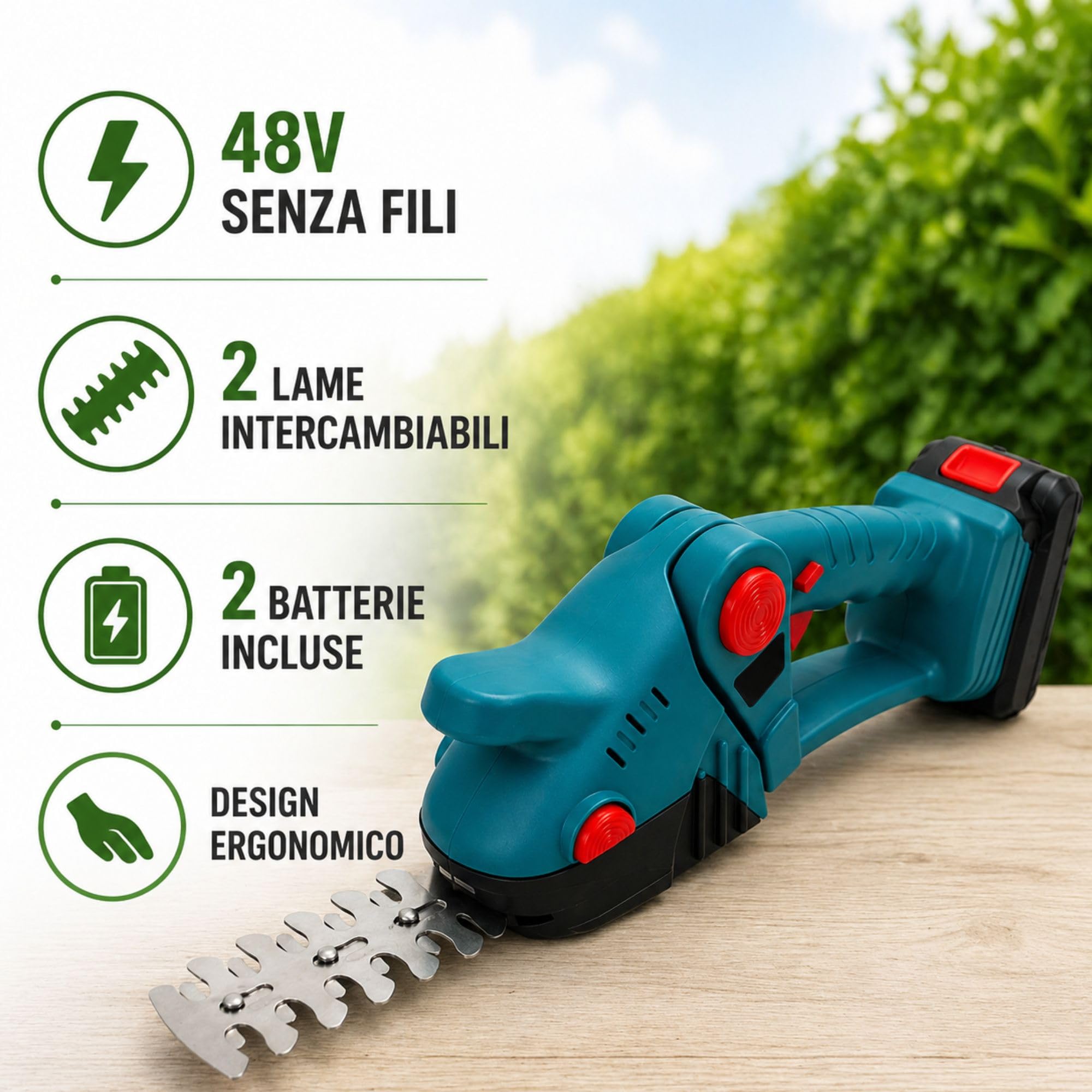 Tagliasiepi a Batteria 48V Senza Fili, 2 Batterie Incluse | 2 Lame Intercambiabili 23cm + 15cm, Taglio Preciso per Siepi Cespugli e Piccoli Rami, Leggero e Potente