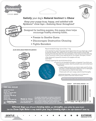 Vista 9 de Nylabone - Juguete masticable de dinosaurio dental para cachorros, juguete masticable para dentición, suministros para cachorros, sabor a pollo