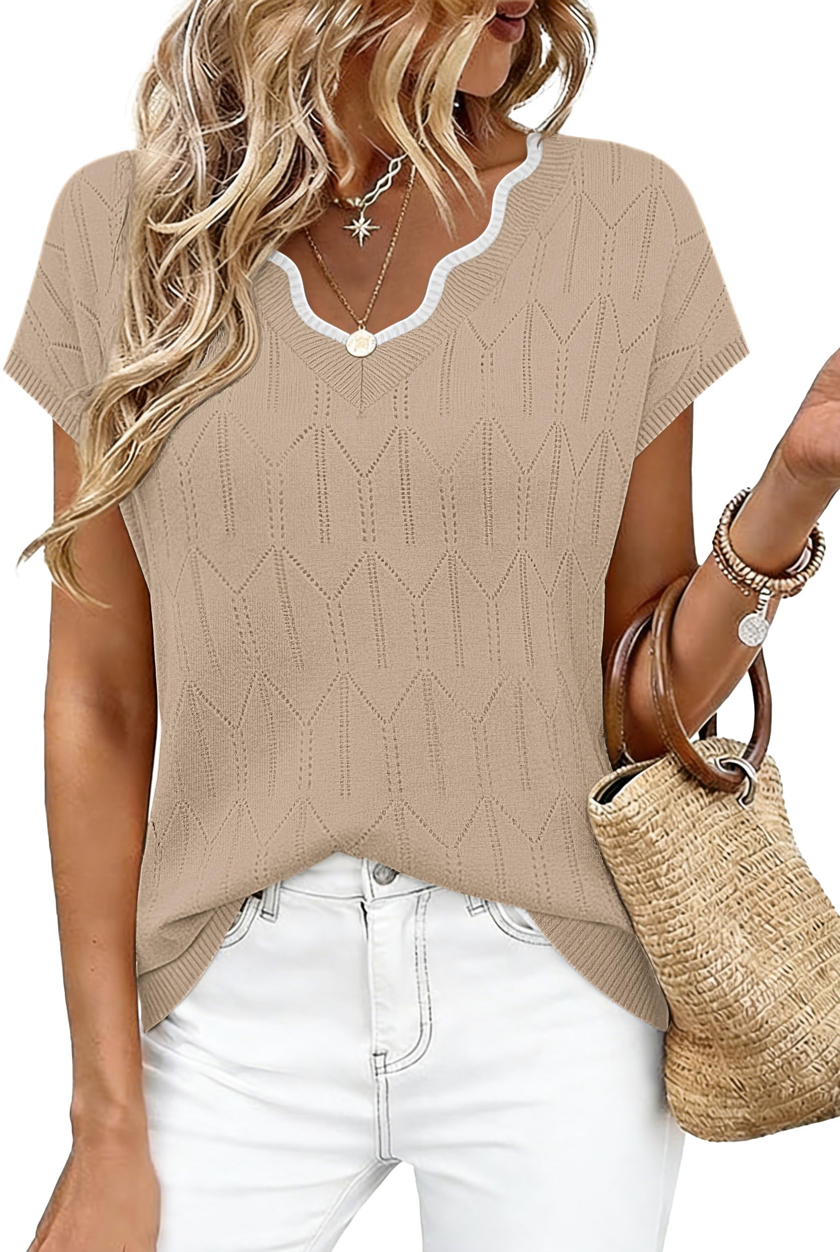 WIHOLL Womens Summer Tops Cap Sleeve Sweater V Neck Shirts Beach Vacation Clothes Business Casual Fashion Clothing