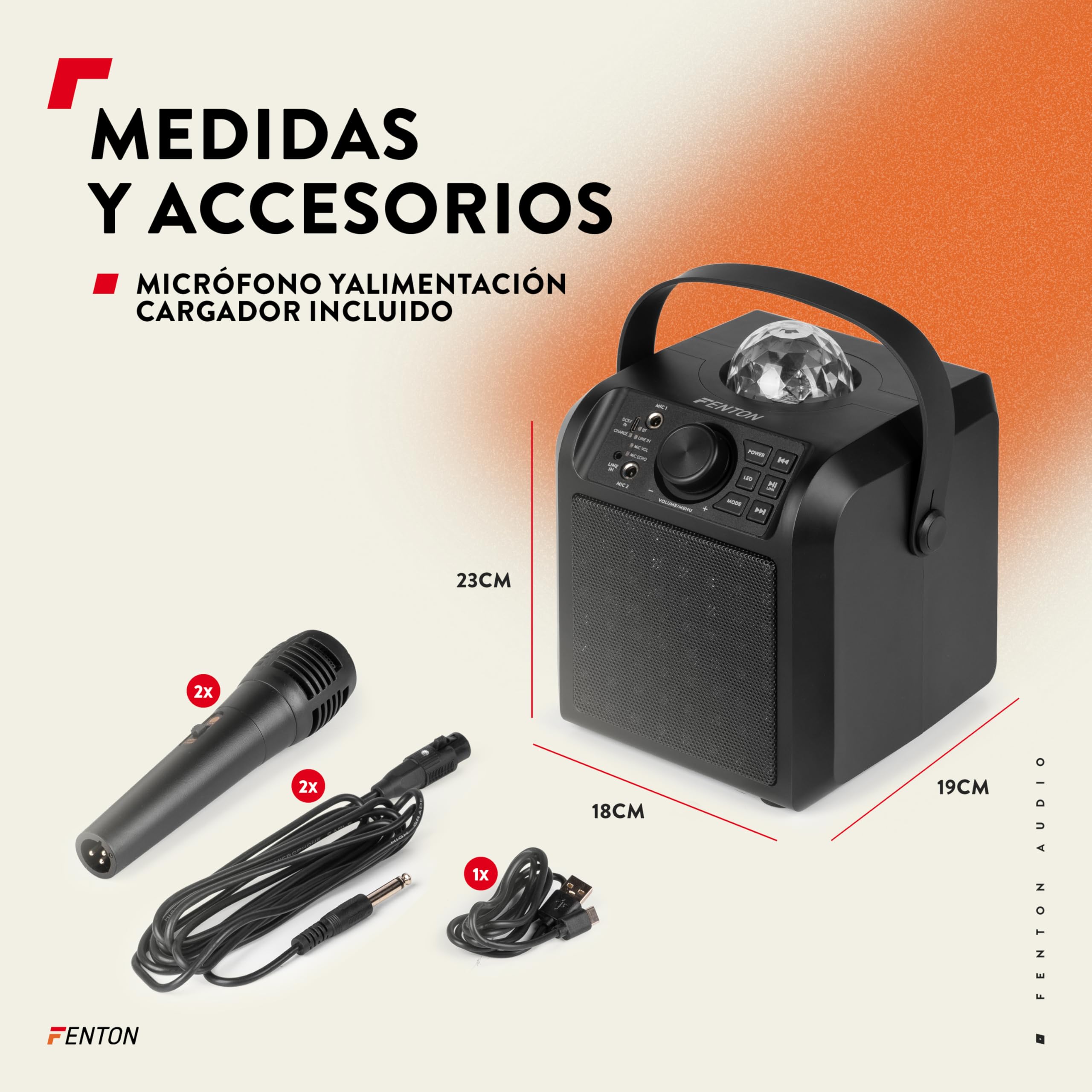 Fenton KAR55B – Altavoz Karaoke Bluetooth 50W con 2 microfonos con Cable, batería Recargable, Luces LED RGB, Jelly Ball Bola de Discoteca, Altavoz portatil con AUX y Bluetooth 5.0, Color Negro