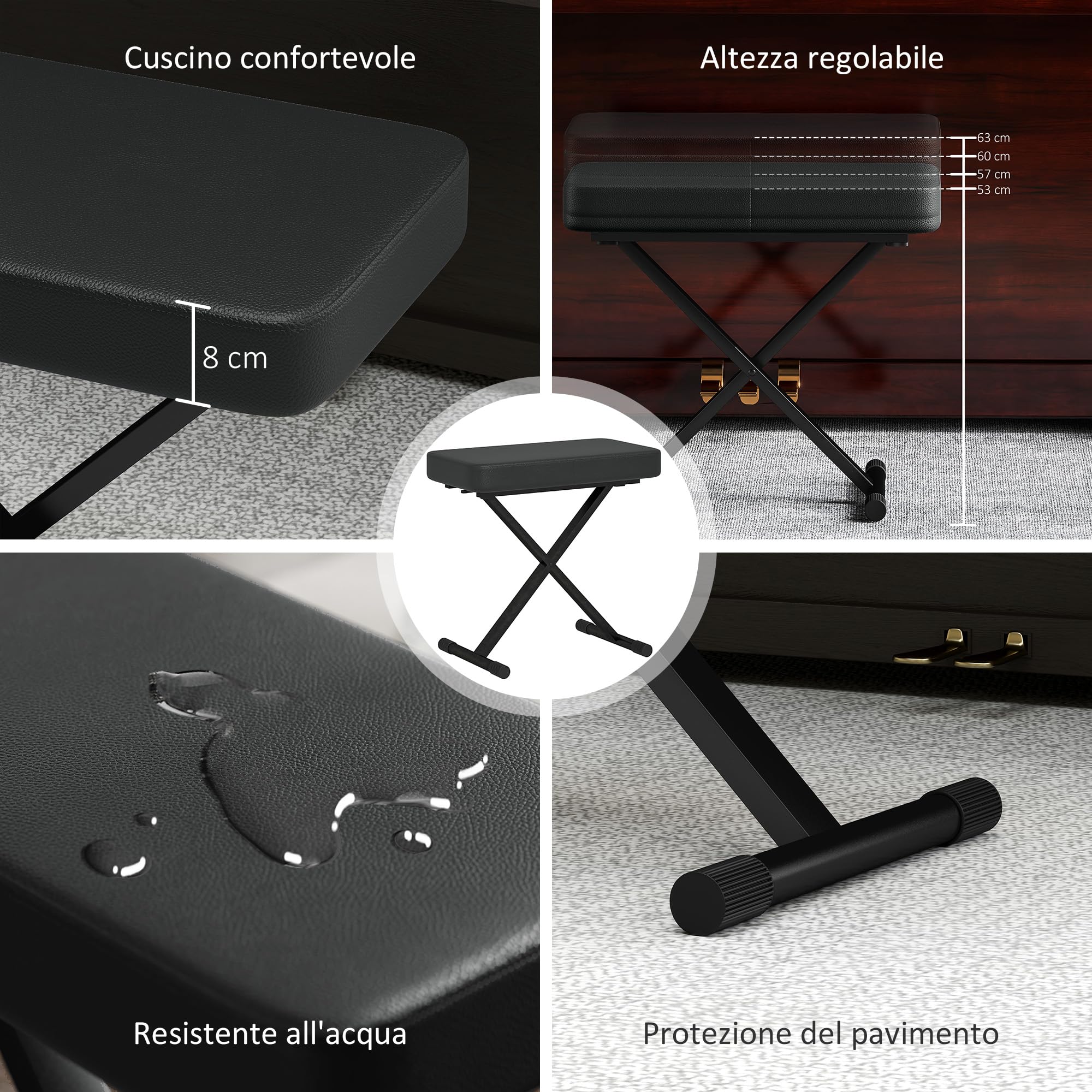 HOMCOM Sgabello per Pianoforte Pieghevole e Regolabile su 4 Altezze con Struttura a X, Panca Pianoforte in Pelle PU e Metallo con Piedini Antiscivolo, 60x32x53-63 cm, Nero
