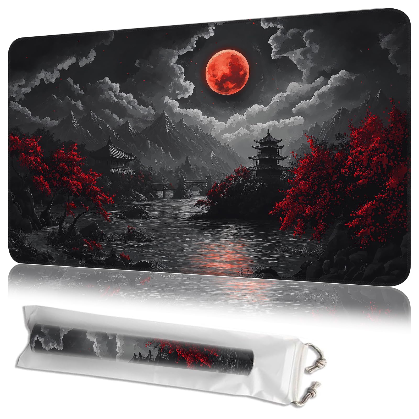 JANENFNA TCG Card Playmat 24" x 14" with Storage Bags for MTG Game Play Mats, Premium Stitched Non-Slip Rubber Tabletop Magic Play Mats Desk Duel Card Breaking Mats, Japanese Blood Moon Landscape — image 1