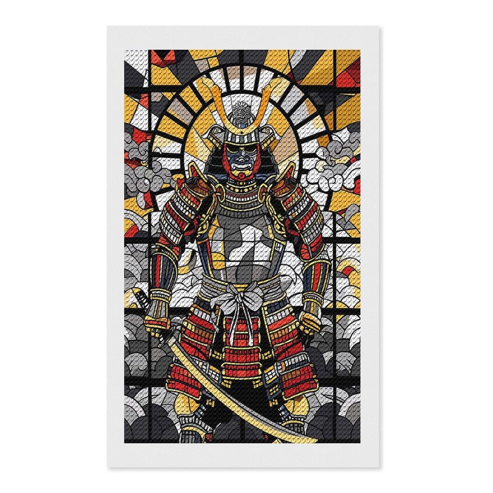 Junmoney Samurai Warrior in Stained Glass Style DIY Diamond Art Canvas Kit 12"x20", Farmhouse Decor, Vintage Style Decor, Handmade Wall Decor, Canvas Picture