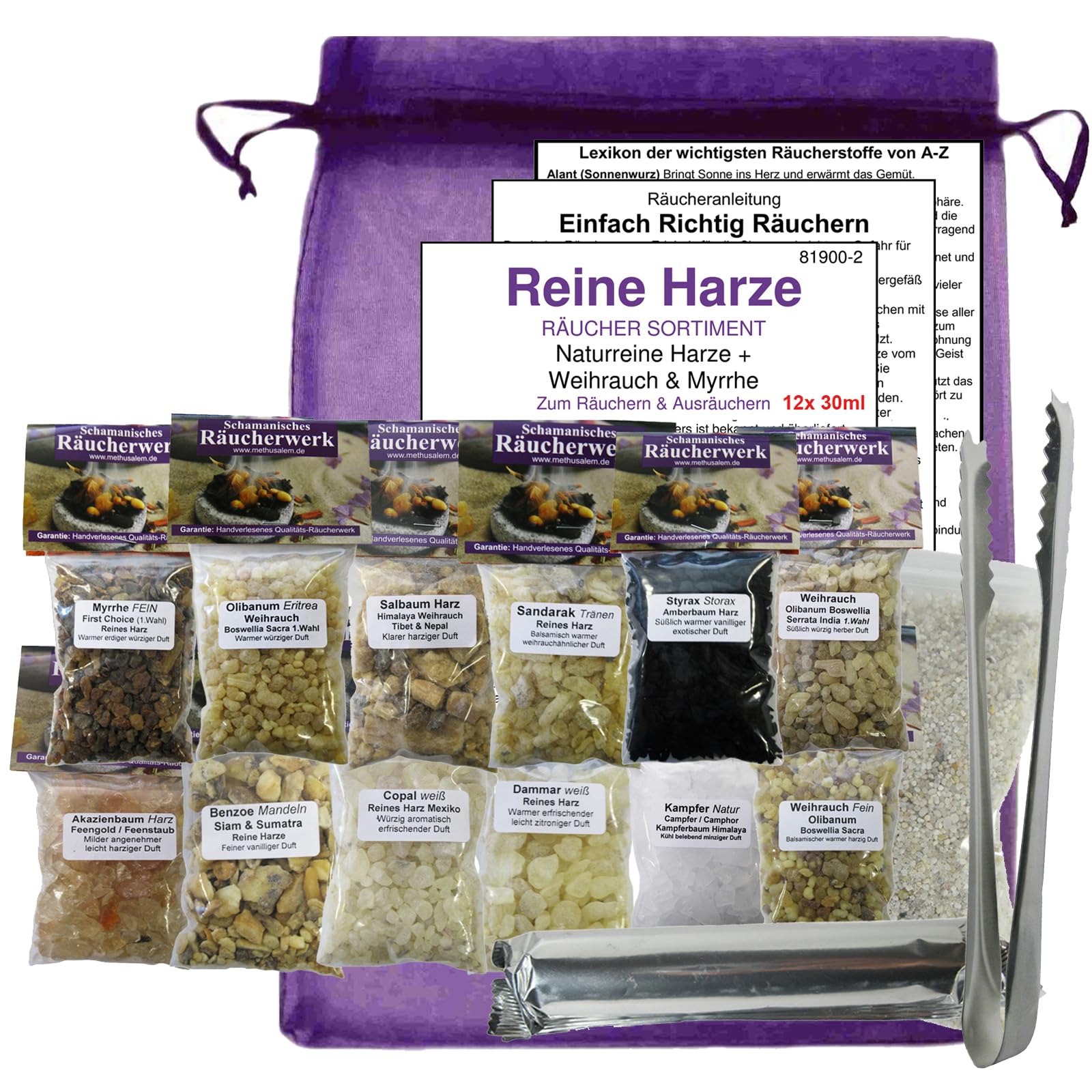 12x Räucherwerk WEIHRAUCH + BOSWELLIA + MYRRHE + NATURKAMPFER + Olibanum + KOPALHARZ + Styrax + BENZOE UVM. 17-TLG RÄUCHERSORTIMENT mit RÄUCHERZANGE + Räucherkohle + Sand. 81900-2Z