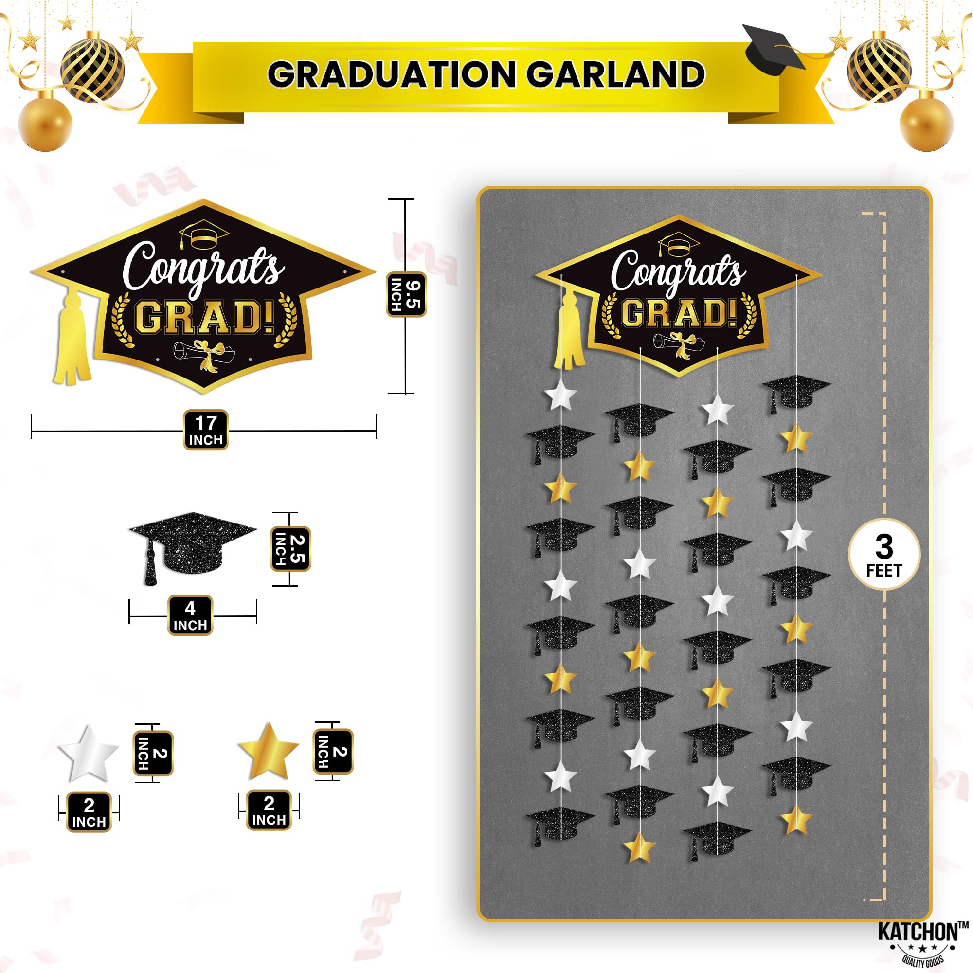 KatchOn, Black and Gold Graduation Cap Garland - Pack Of 2, No DIY, Black Gold, Large - Image 2