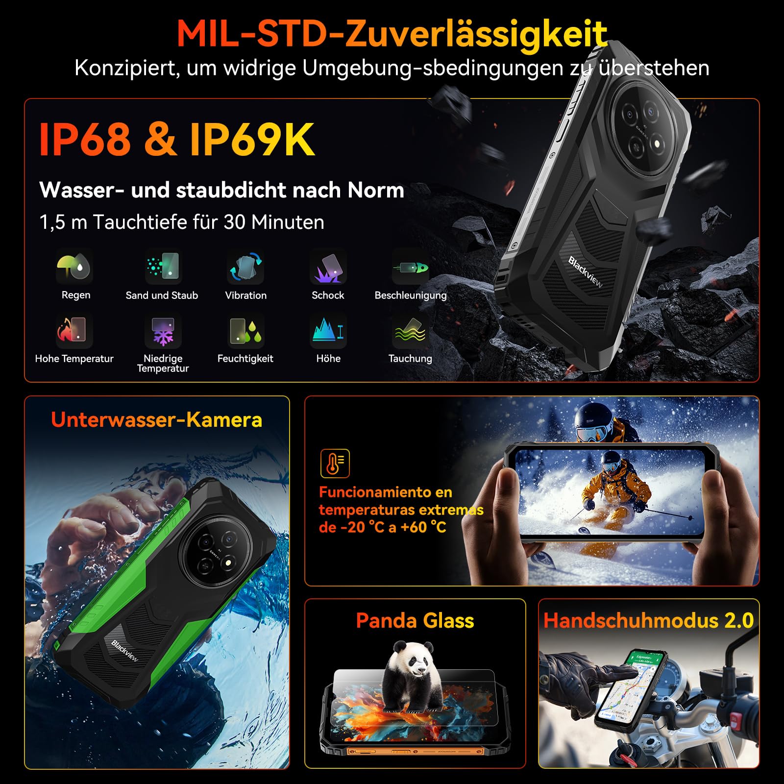 Blackview Android 16 Outdoor Smartphone,10000mAh Outdoor Handy Ohne Vertrag 12GB+128GB/2TB, Gemini AI 6.56‘’ 90Hz Baustellenhandy,NFC/FOTA/390g/DREI Kartenfächer/Fingerabdruck/IP69K Wasserdicht