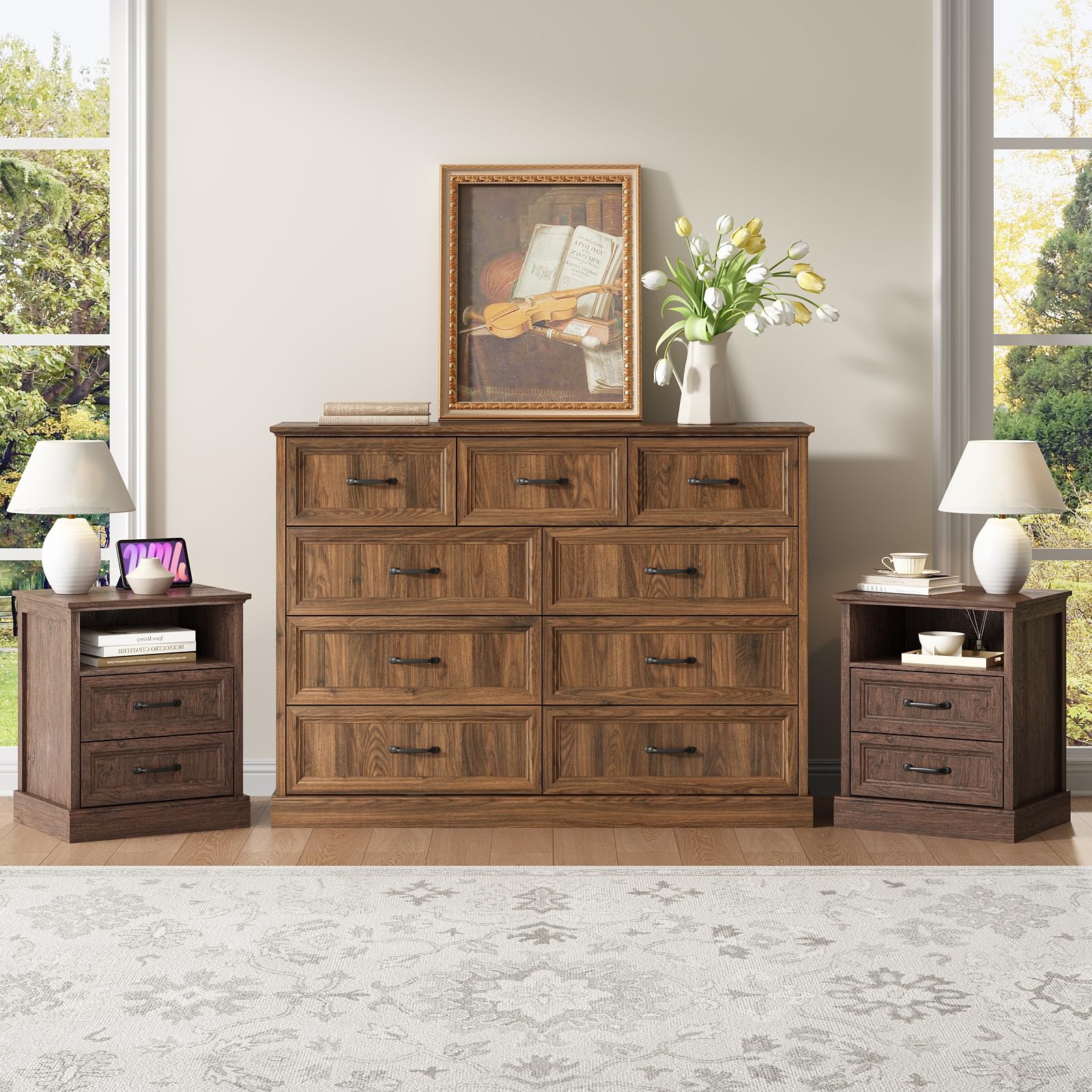 CARPETNAL Farmhouse Dresser and Nightstand Sets for Bedroom, 3 Pcs Bedroom Set, 9 Drawer Dresser & Nightstand Set of 2, Modern Wood Chest of Drawers for Bedroom, Living Room, Entryway, Brown