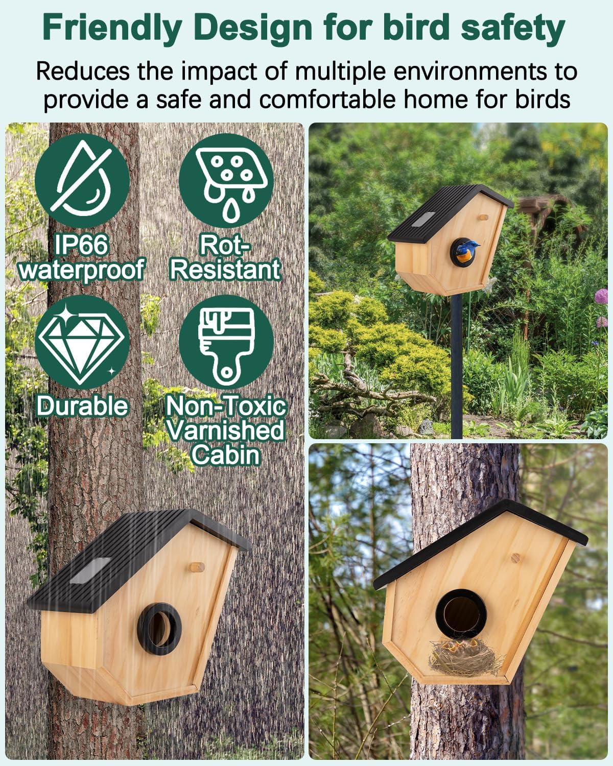 Smart Bird House with Camera, Birdhouse for Outdoor with 2K HD Camera, Solar Powered, Night Vision, Motion Detection & Activities in Real Time, 2.4G WiFi, Ideal Bird Nesting for Bird Lovers