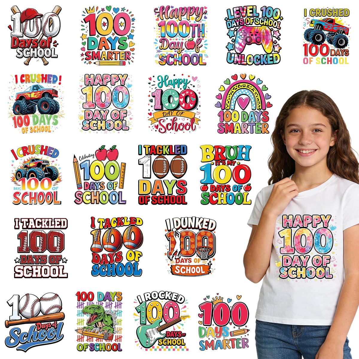 20Pcs 100th Day of School Dtf Transfers Ready to Press Back to School 100 Days Iron on Transfers for Tshirts Teacher Student Heat Transfer Vinyl Stickers for Clothing Pillows Bag DIY Crafts