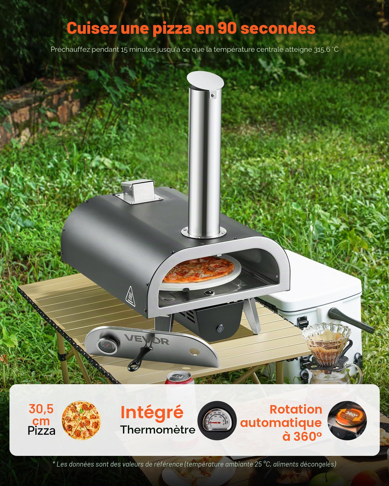 VEVOR Four à Pizza d’Extérieur 305 mm, Four à Granulés de Bois Portable avec Thermomètre et Rotation Électrique, Pierre à Pizza, Sac de Transport et Pelle