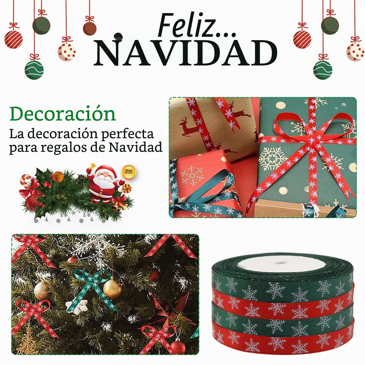 50 Yards Cintas Navideñas,Cinta Regalo Navidad,Cinta Raso Navidad,Cintas Lazos Navideñas para Regalos Decorativos,Flores o Artesanías