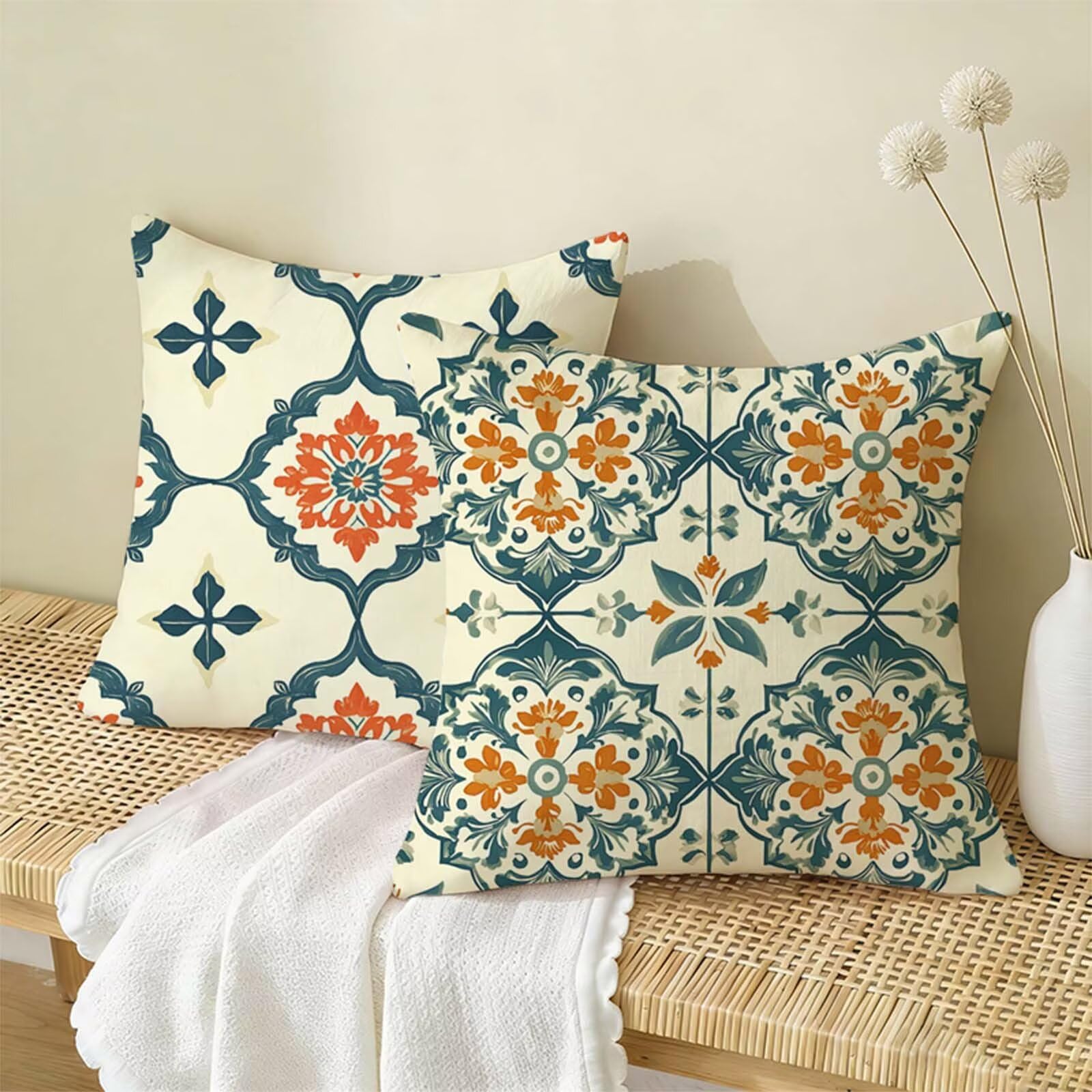 Beige Federe Cuscini Divano 80x80 Boemia Set di 2,Copricuscino Impermeabile Federe Lino Cerniera Invisibile Stampa Fronte-Retro,Comfort Traspiranti Copricuscini per Primavera Home Decoration W-1330