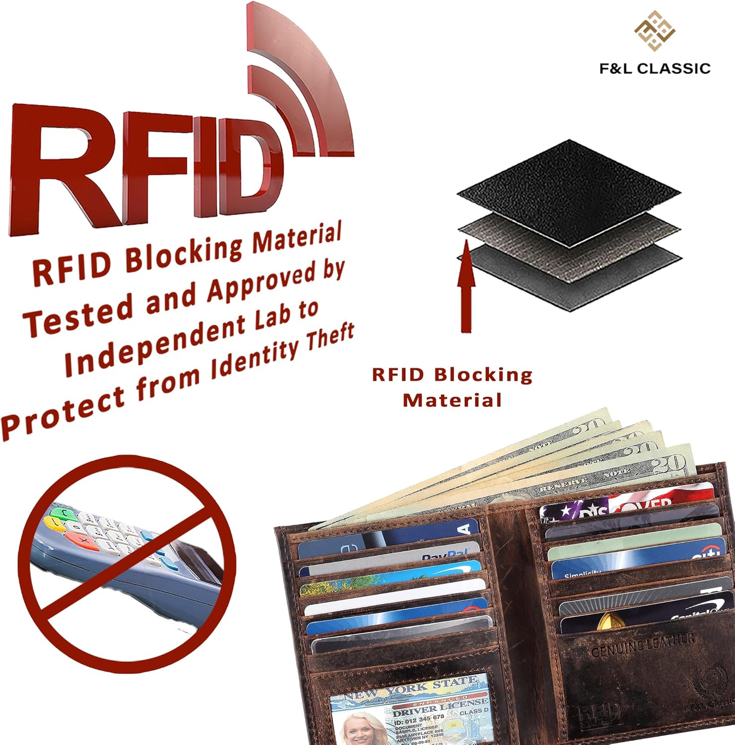 F&L CLASSIC RFID Blocking Mens Leather Bi-Fold Big Hipster Wallet, 13 credit card slots,buffalo vintage brown - Image 7