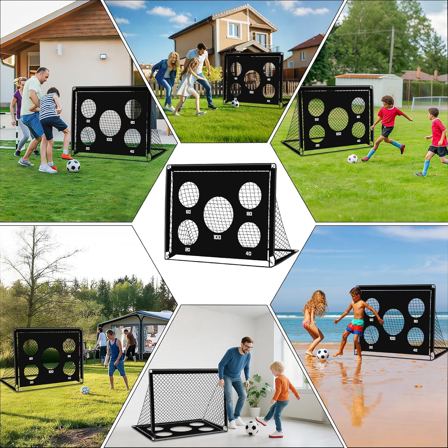 Porta da Calcio per Bambini 2 in 1, Portatile Pop Up con 5 Fori, Rete da Calcio per Interni ed Esterni
