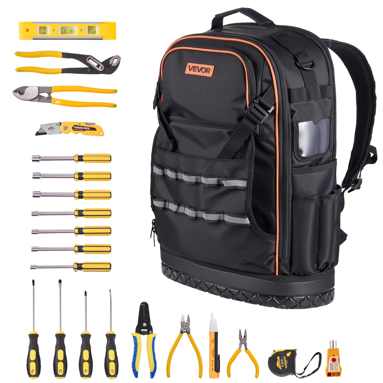 VEVOR Tool Backpack with Tools, 65 Pockets, Heavy-duty Tools Storage Organizer Bags with Laptop Compartment & Molded Base, Electrician Jobsite