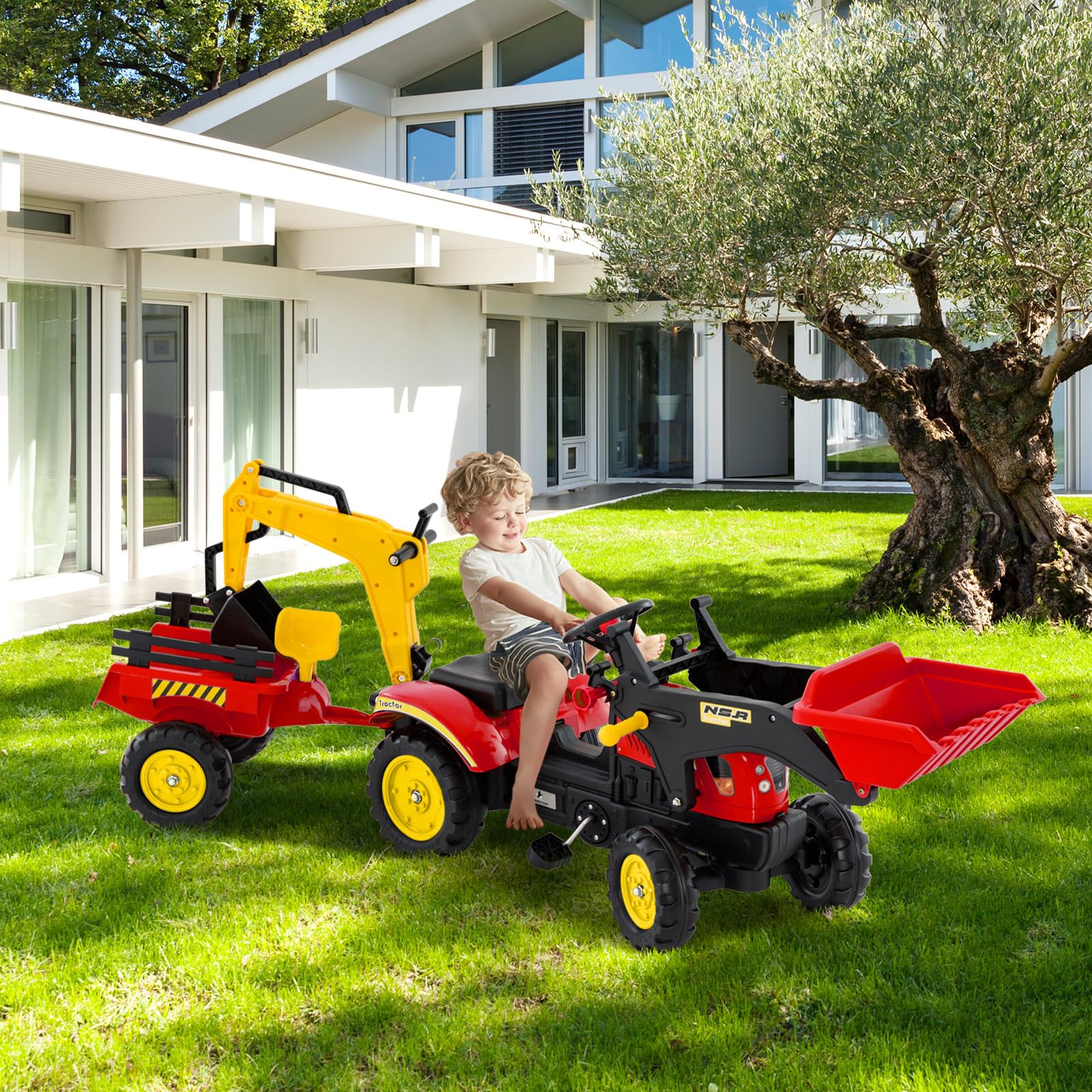 COSTWAY 3 in 1 Escavatore per Bambini, Trattore con Rimorchio Staccabile Cavalcabile, 6 Ruote, 2 Benne, Rosso