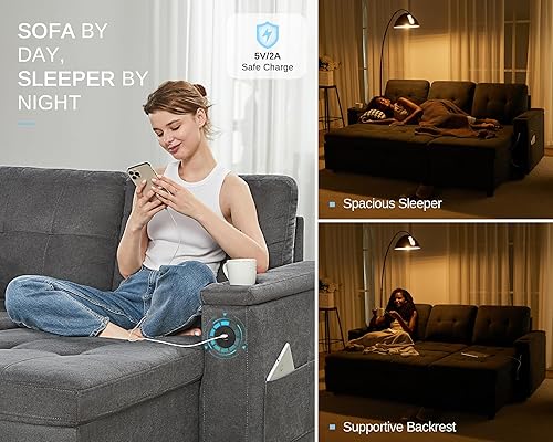 Miniatura 3 de PaPaJet Sofá cama de 84 pulgadas, sofá cama extraíble copetudo con 2 puertos USB y portavasos, sofá cama modular en forma de L con diván de