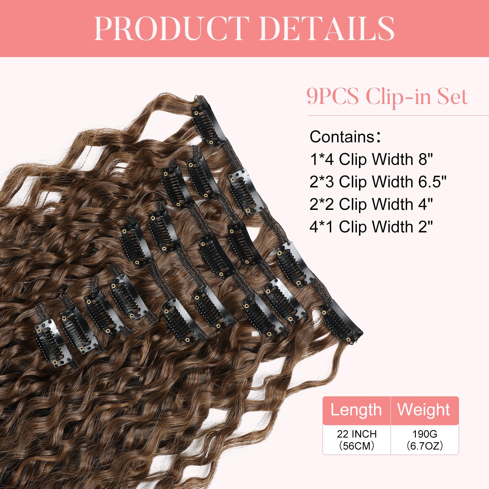 FLUFYMOOZ 9PCS Clip in Hair Extensions 22 Inch Curly Hair Extension Long Soft Synthetic Hairpieces for Women (Dark Brown to Caramal Brown) - Image 3