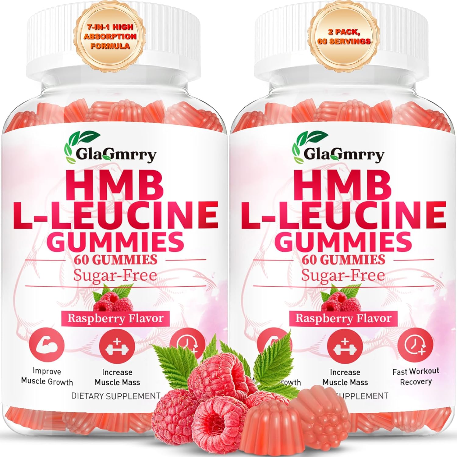 2 Pack HMB and Leucine Gummies, HMB & Leucine Amino Acid for Muscle Growth, Muscle Relief, HMB Supplements for Men & Women, Vegan, Non-GMO, Raspberry Flavor, 120 Count