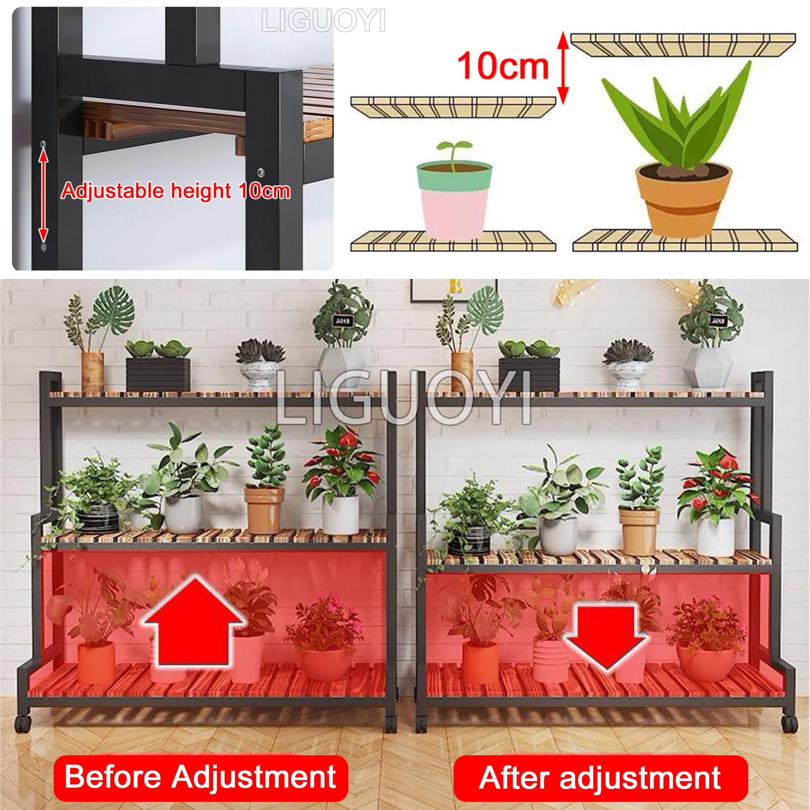 LIGUOYI Scaffale Portavasi Legno con Struttura di Metallo, 2 Ripiani 3 Ripiani Stand per Piante Fioriera Mobile per Piante con Ruote Facile da Spostare per Balcone Interni Esterno Giardino