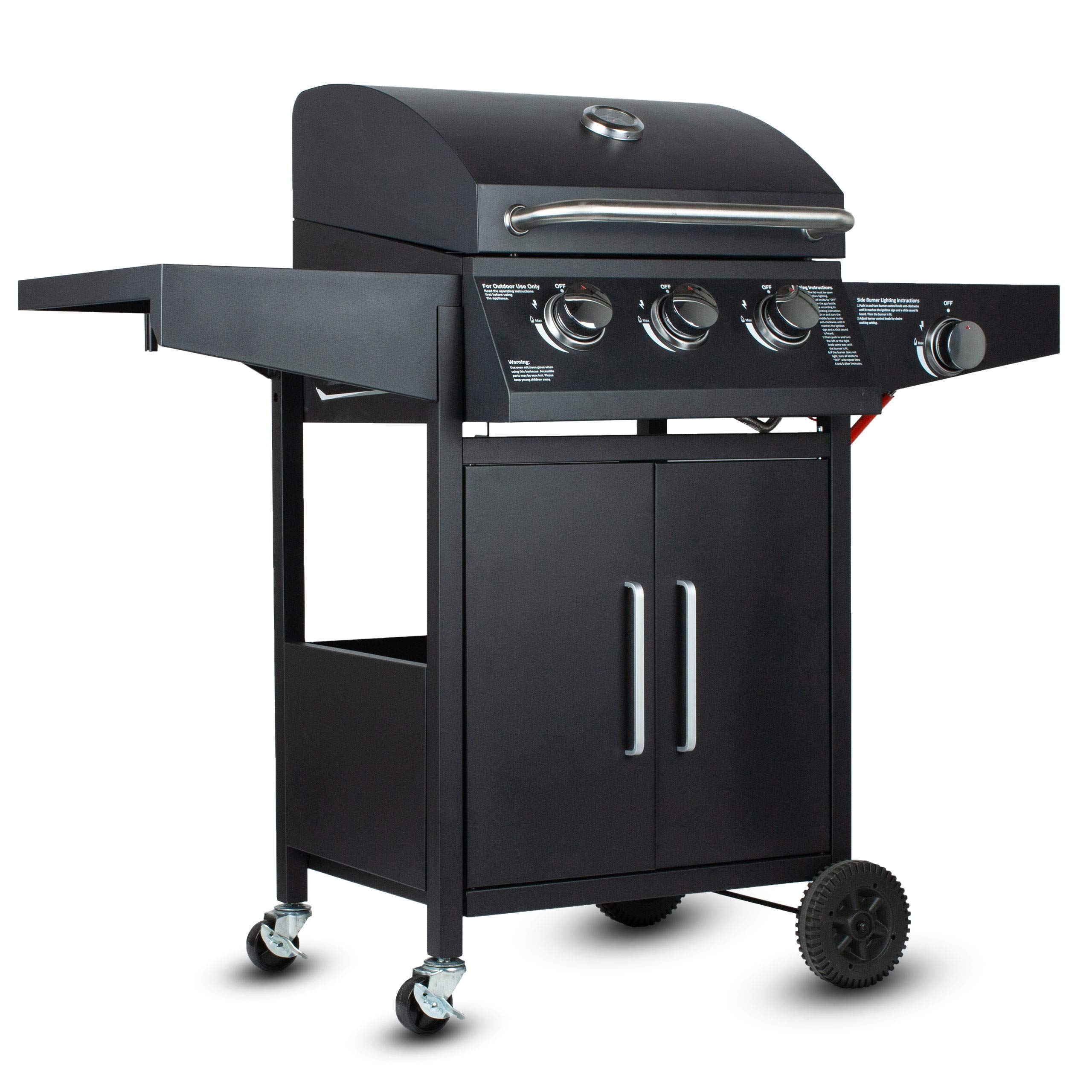 GrillMaster Grill Gazowy PartyTogether 3+1 + Pokrowiec, Ogrodowy, Na Gaz, z Termometrem, z Kółkami, z Dodatkowym Palnikiem