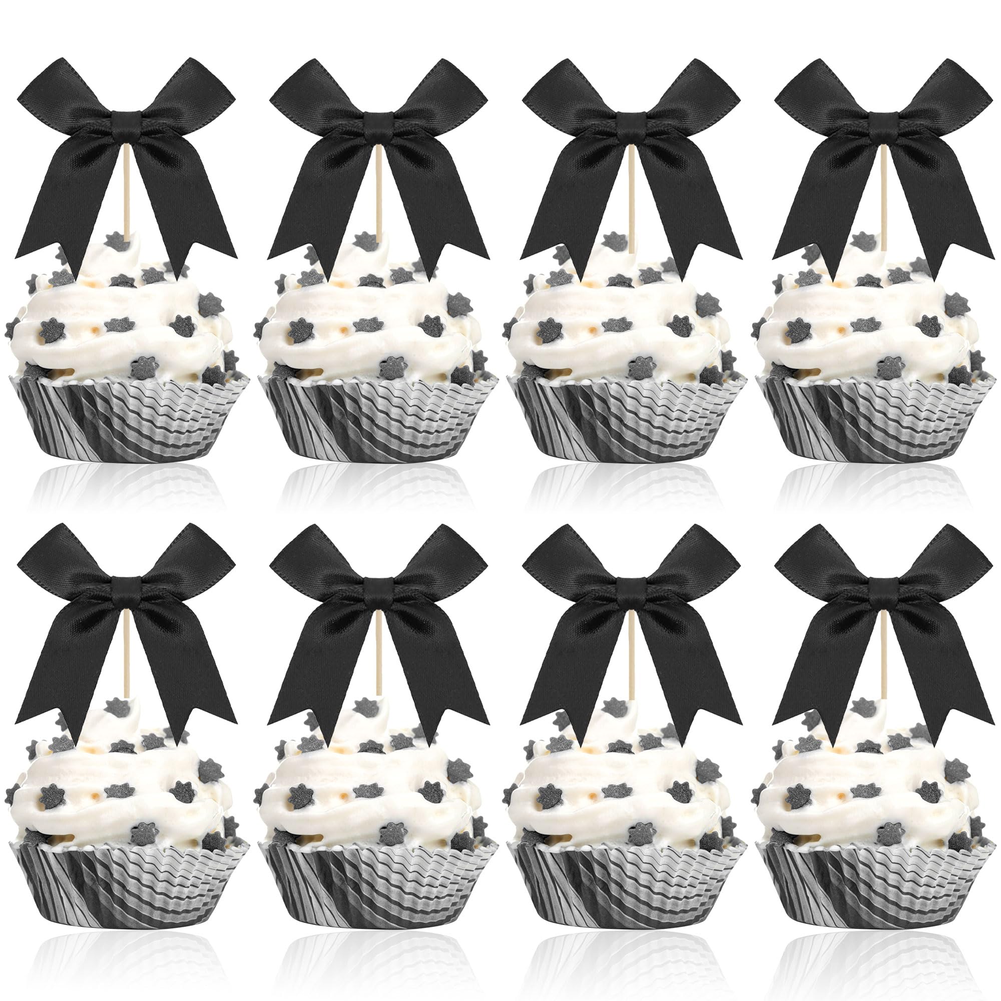 24 Pcs Black Bow Birthday Decorations, Bow Themed Cupcake Toppers, Girls Women Birthday Bachelorette Party Supplies