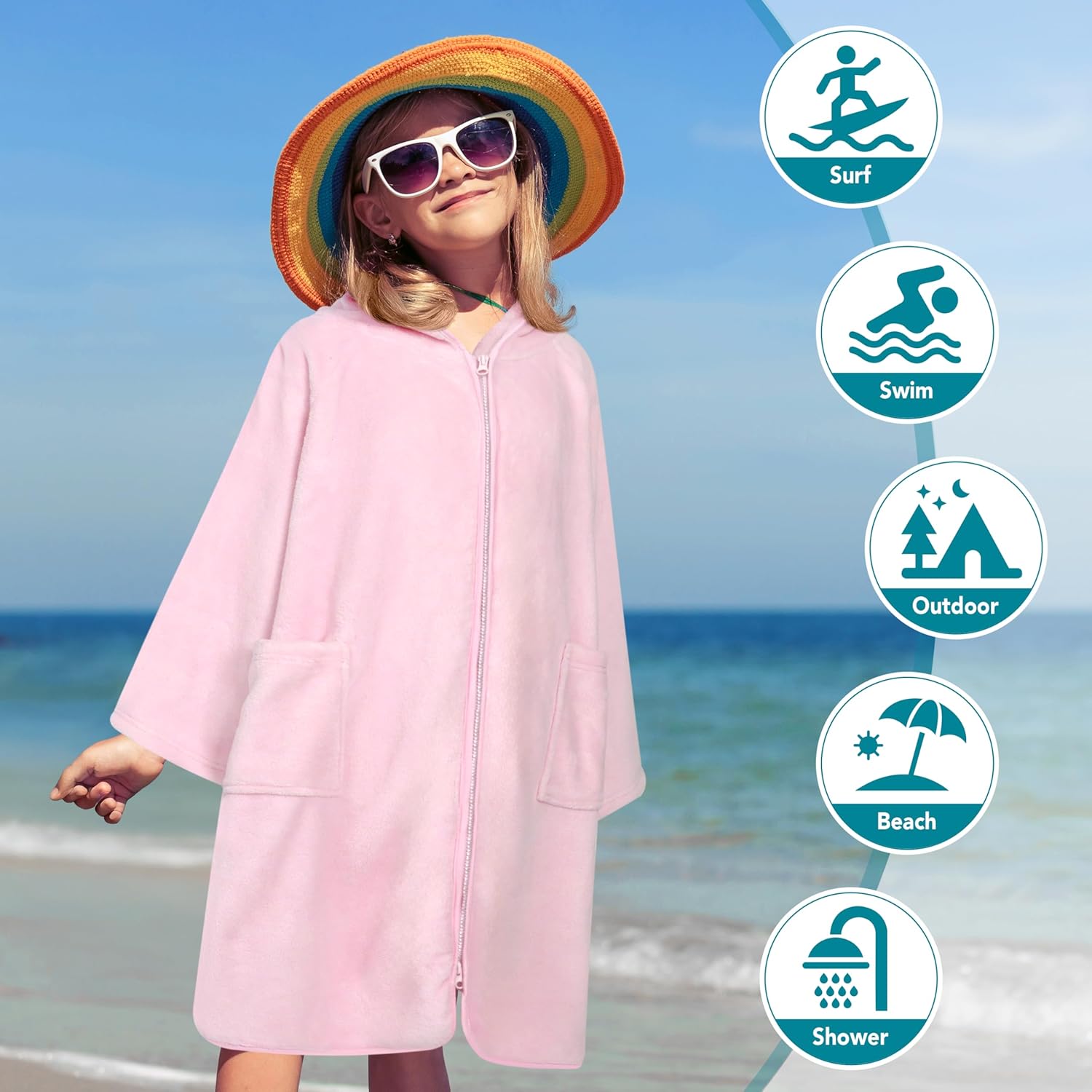 SUN CUBE Hooded Towel Robe for Kids, Zip Up Swim Parka Beach Cover Up for Girls Boys, Surf Poncho Changing Bath Towel 7-10