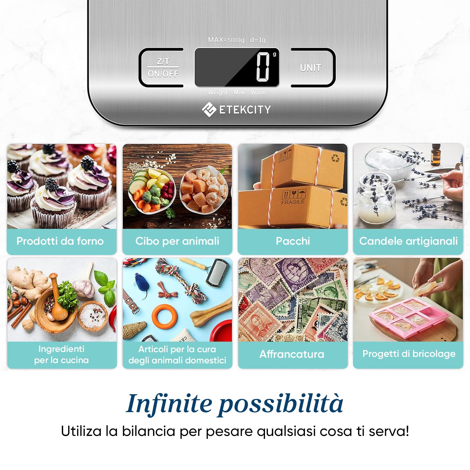 ETEKCITY Bilancia da cucina digitale elettronica da 5 kg con grande display LCD, bilancia da cucina ultra sottile, in acciaio inox, misurazione dei liquidi, alta precisione fino a 1 g, funzione tara