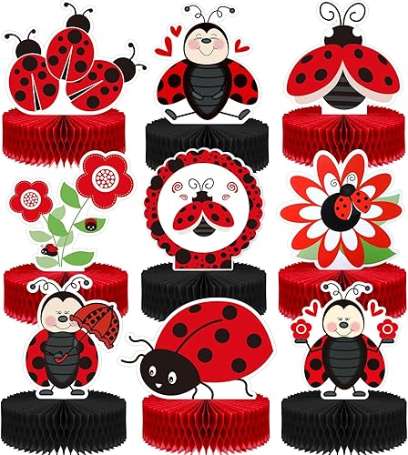Sumind 9 piezas de decoración de fiesta de cumpleaños de mariquita, centros de mesa de nido de abeja de mariquita, decoraciones de fiesta de lujo