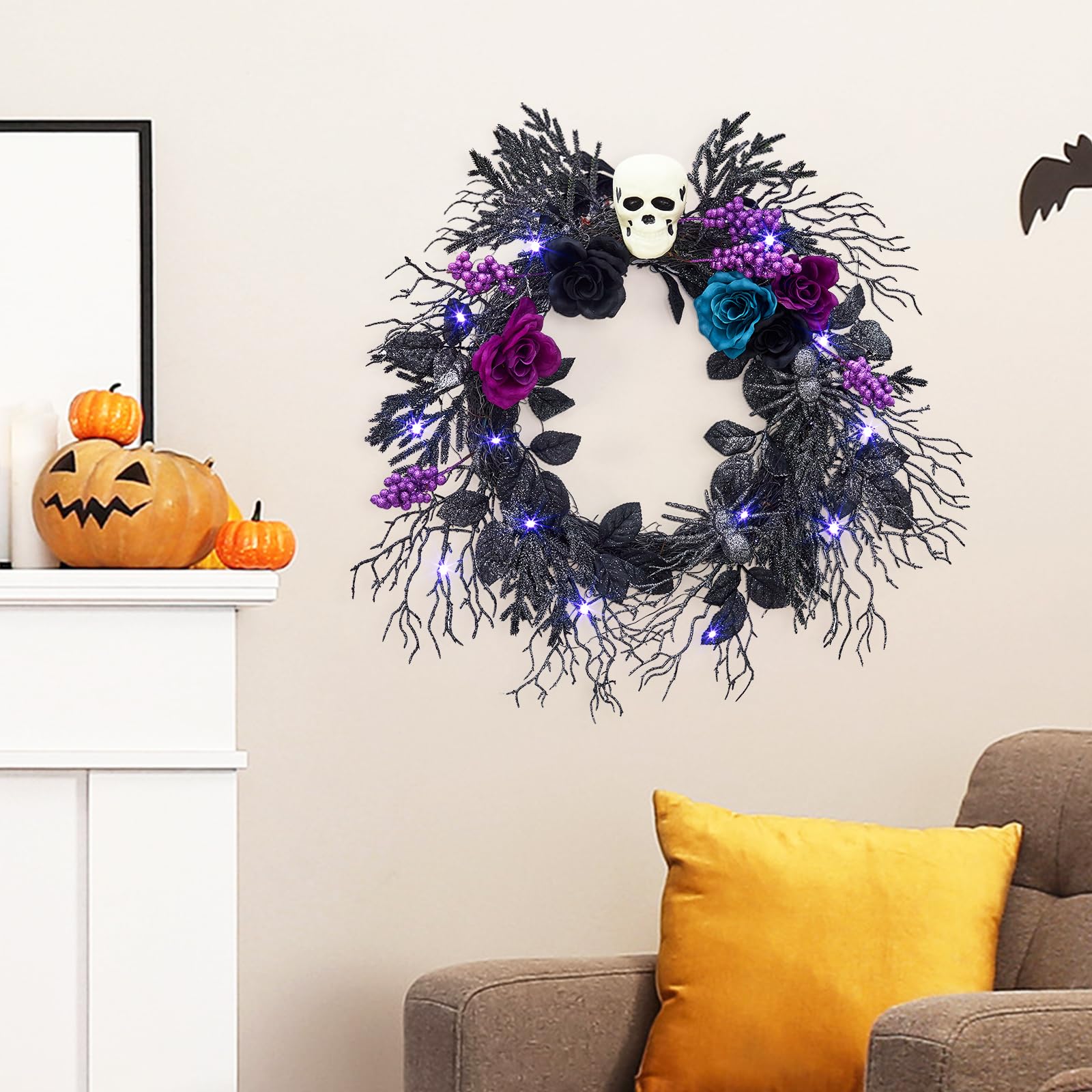 GarveeLife Wieniec z czaszką na Halloween na drzwi wejściowe ze światłami, 50 cm, wstępnie oświetlony, czarny, fioletowy, różany pająk, gotycka girlanda, przerażająca dekoracja, do domu, na ścianę,