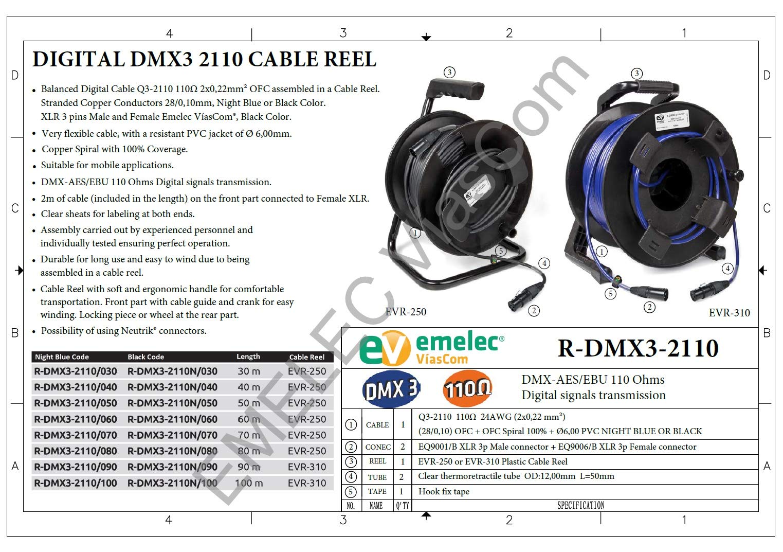 Emelec VíasCom R-DMX3-2110N/070 – 70m Cavo Bilanciato Digitale DMX 110Ω OFC 2x0,22mm² montato su Avvolgicavo con XLR 3 pin – Colore Nero – PVC Molto Flessibile